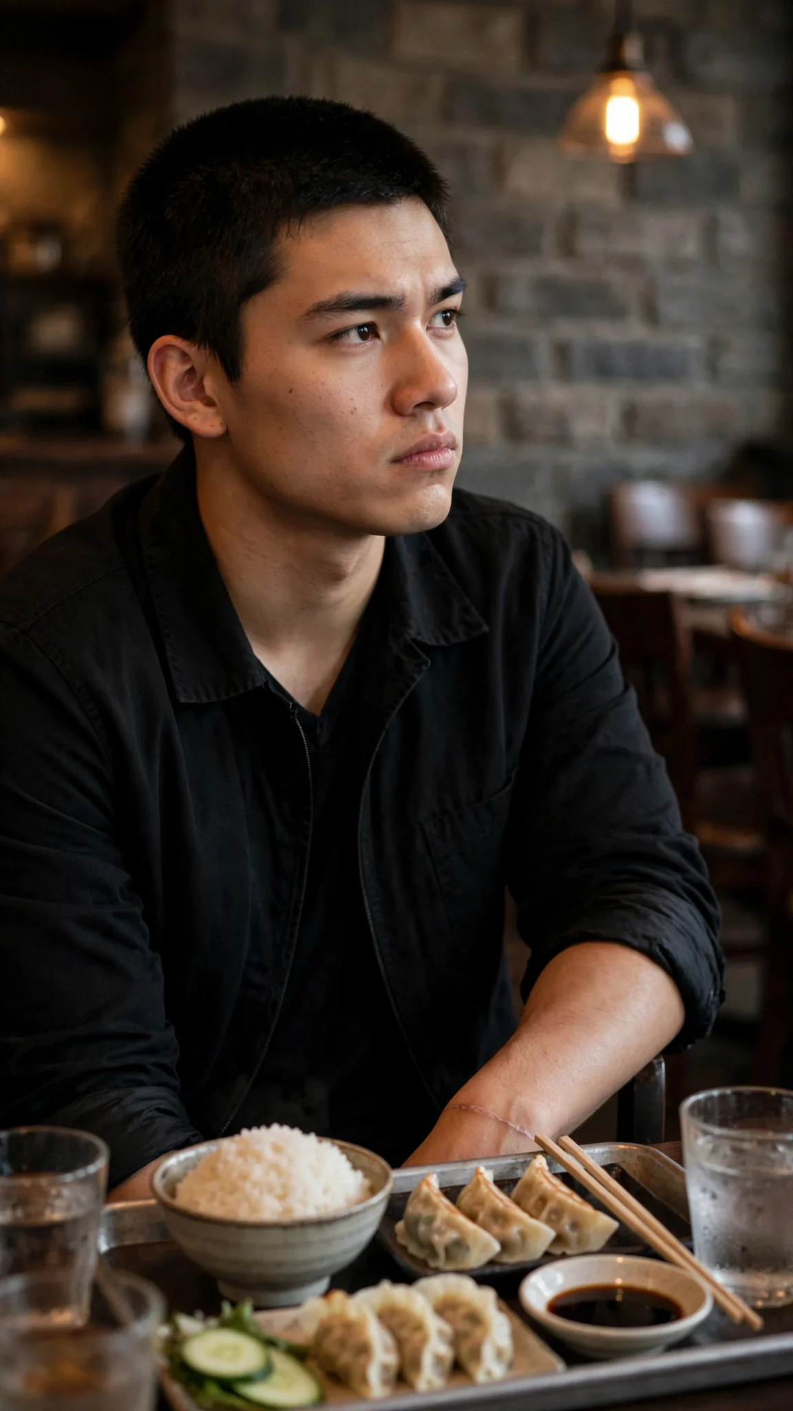 A dark-haired young man in a black jacket sits alone with an untouched tray, looking up.