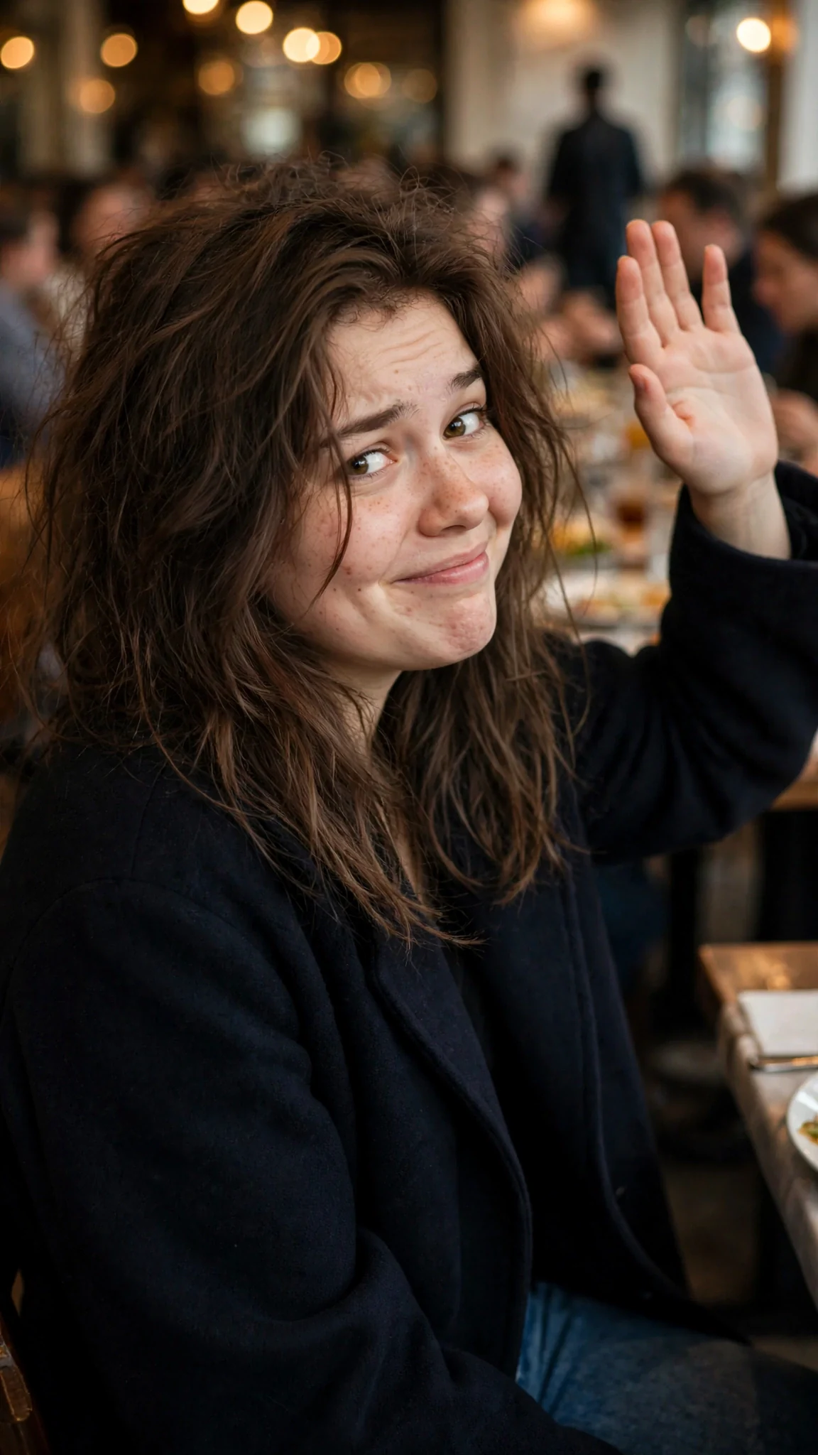 The newcomer lifts her hand in a small awkward wave toward the back table.