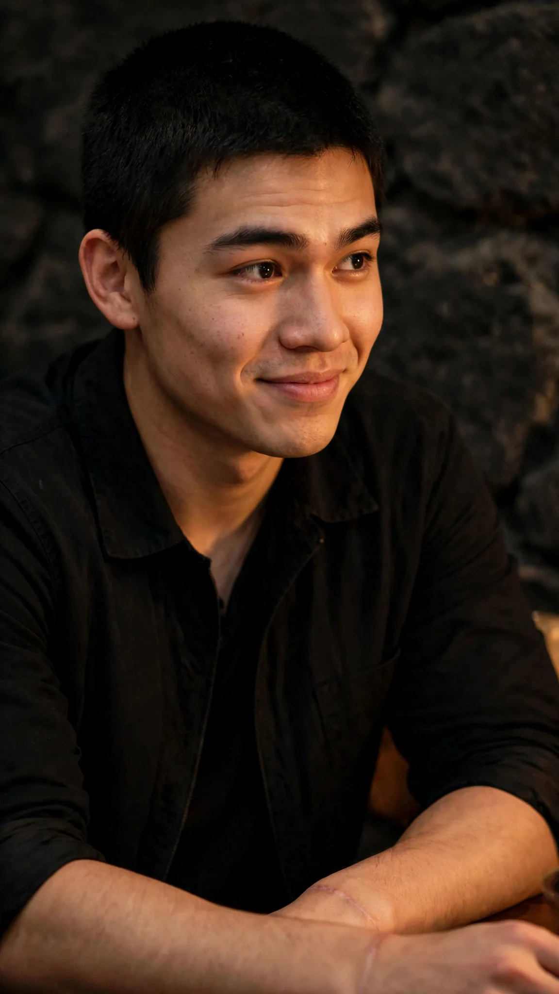 The dark-haired man's mouth lifts at one corner, surprised, as if he forgot how smiling worked.