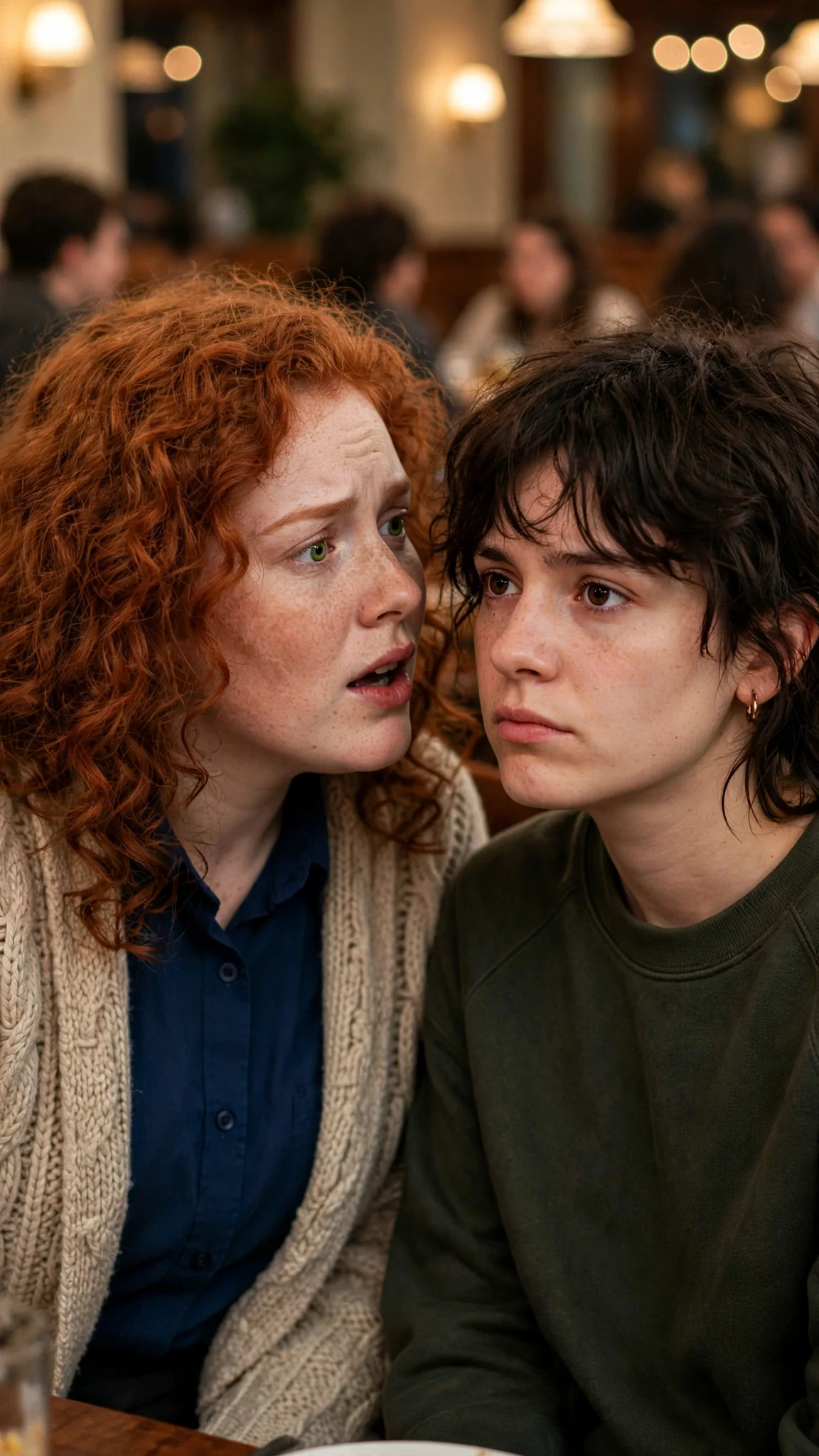 The red-haired student leans in urgently beside the newcomer, both half turned away from the hall.