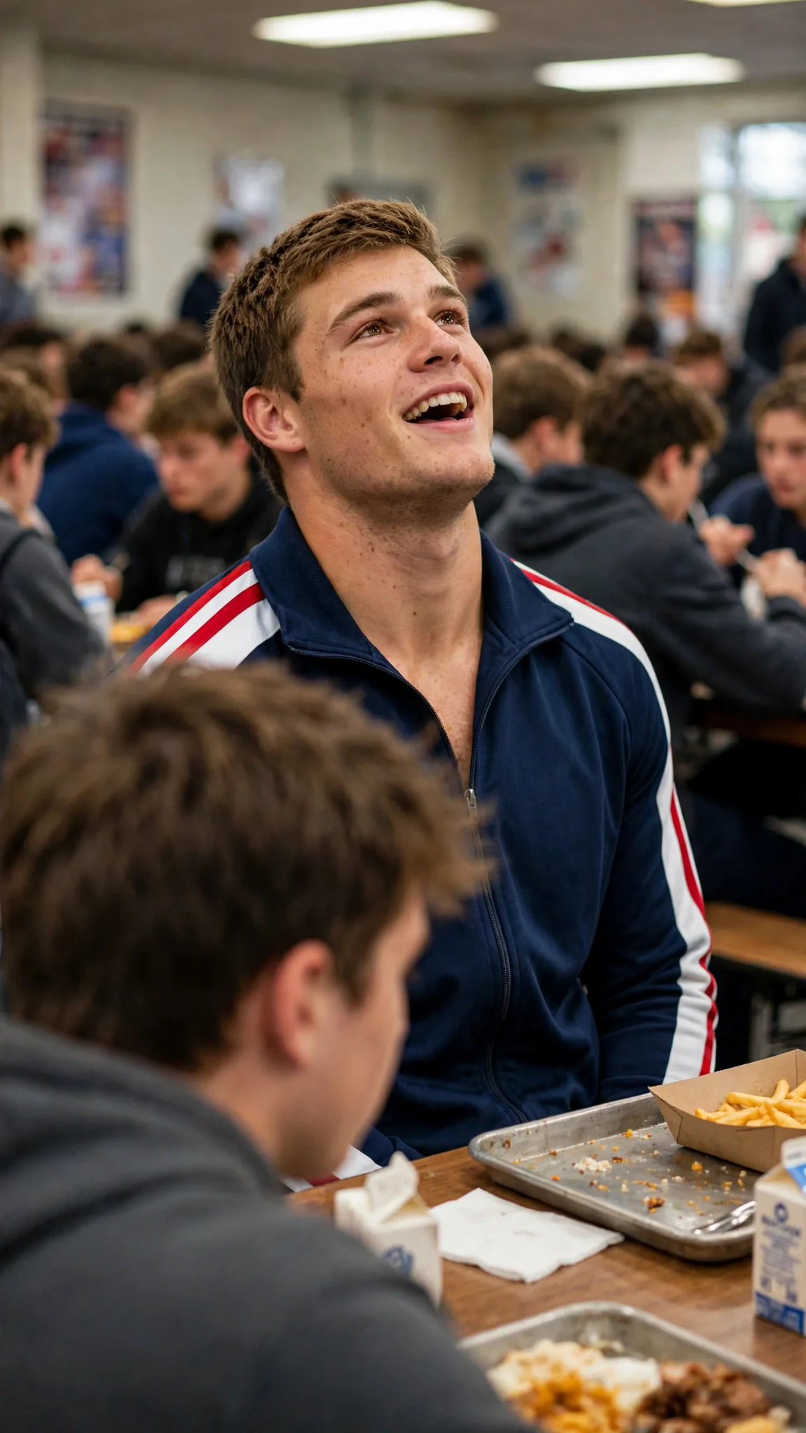 A broad-shouldered student in an athletics jacket leans back at a table, speaking coldly toward the newcomer's back.