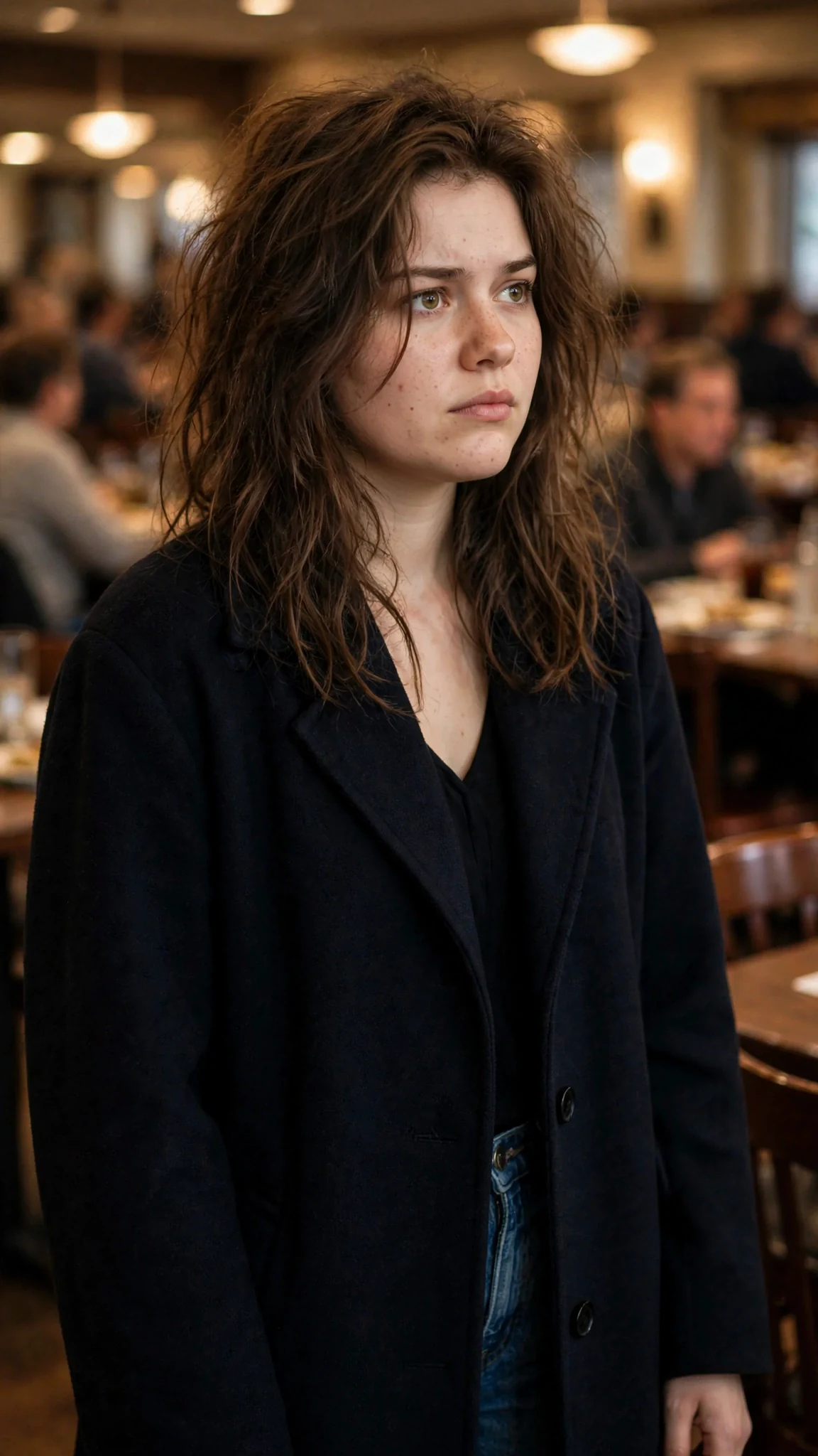 The newcomer stands alone in the crowded hall, eyes fixed toward the back table, hands loose at her sides.