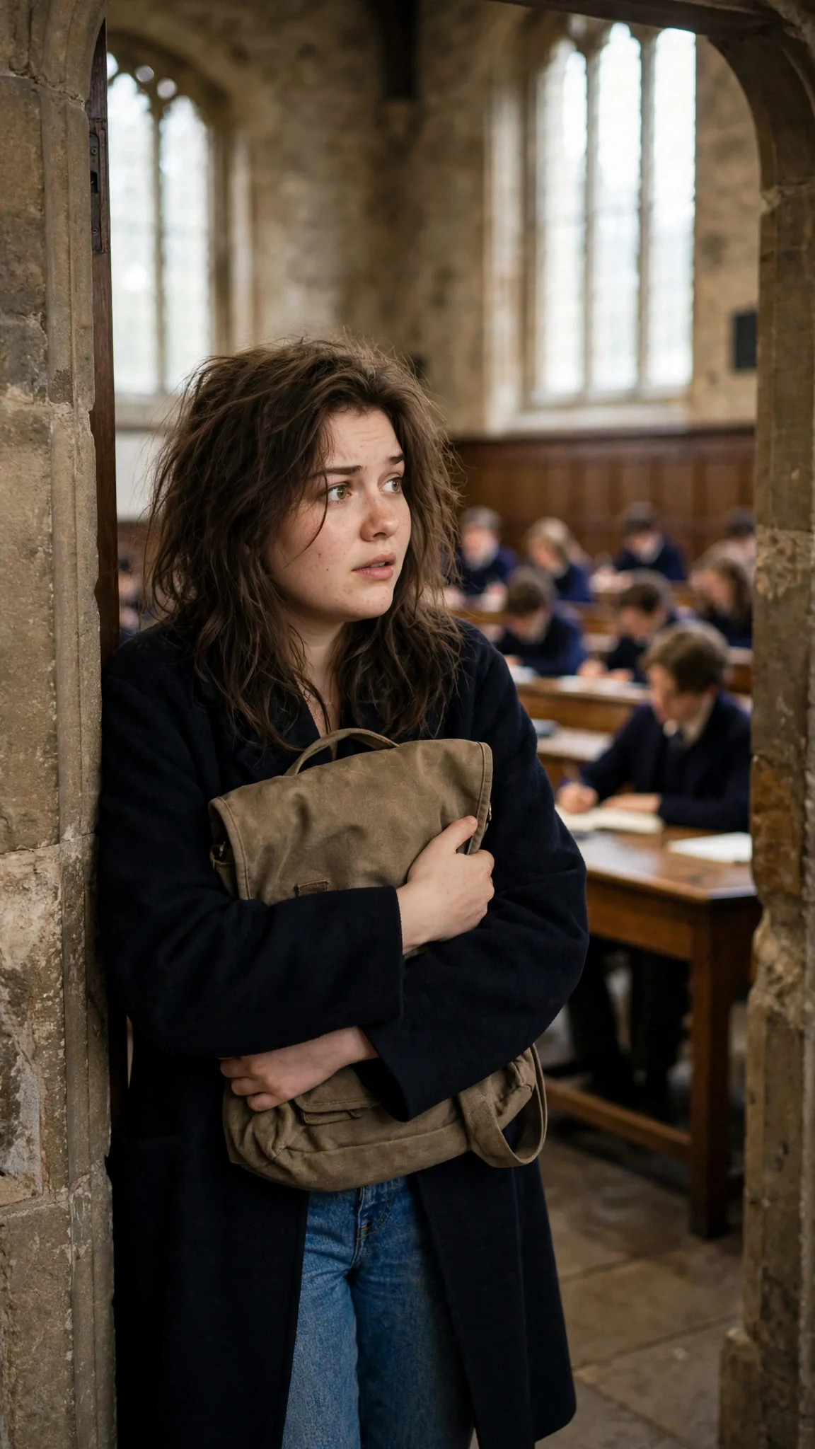 A young woman in a plain coat stands in the doorway of an old stone classroom, her arms wrapped around her bag.