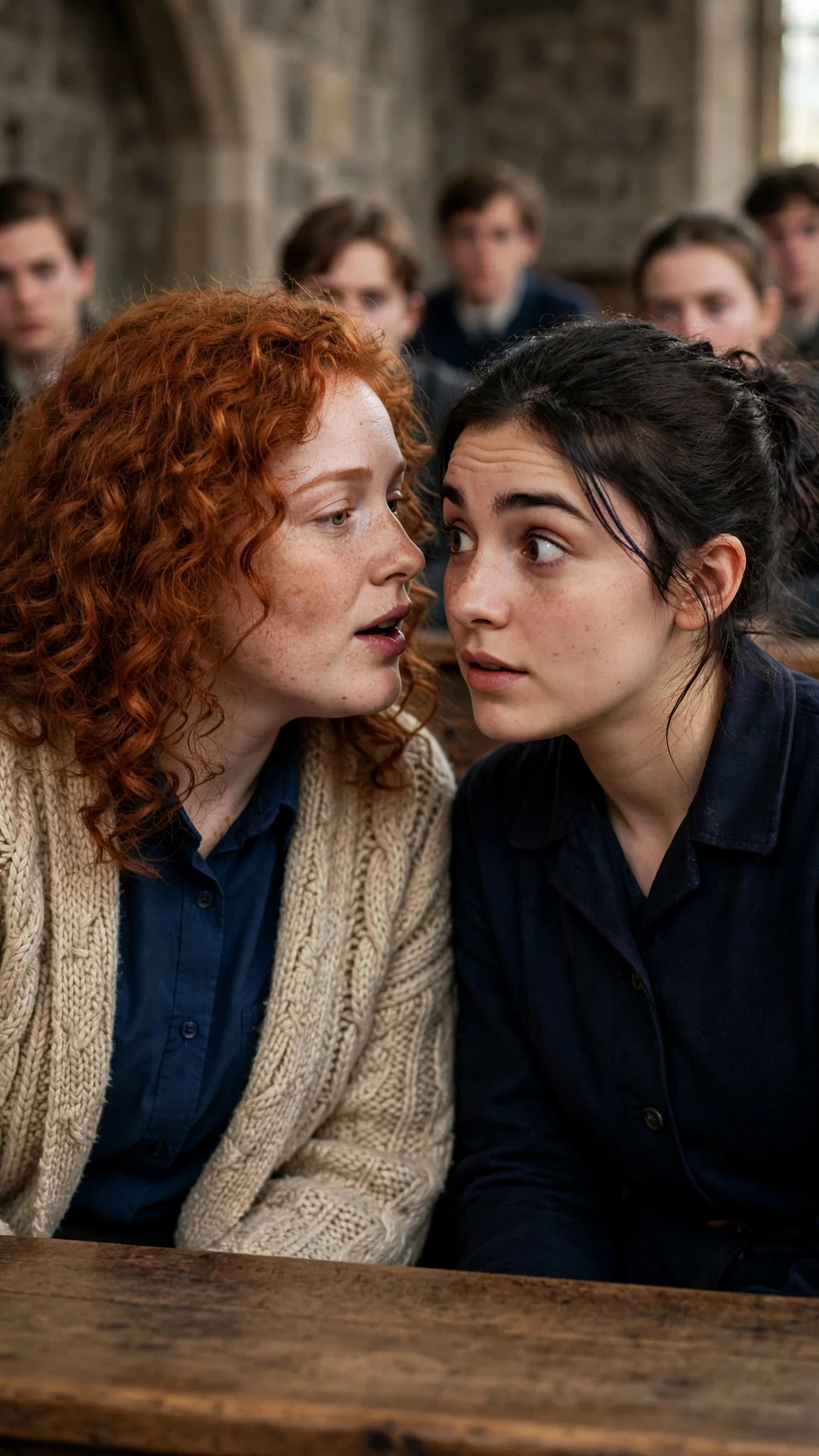 A red-haired young woman in a chunky cardigan leans close to whisper to Nell at the edge of the lecture room.