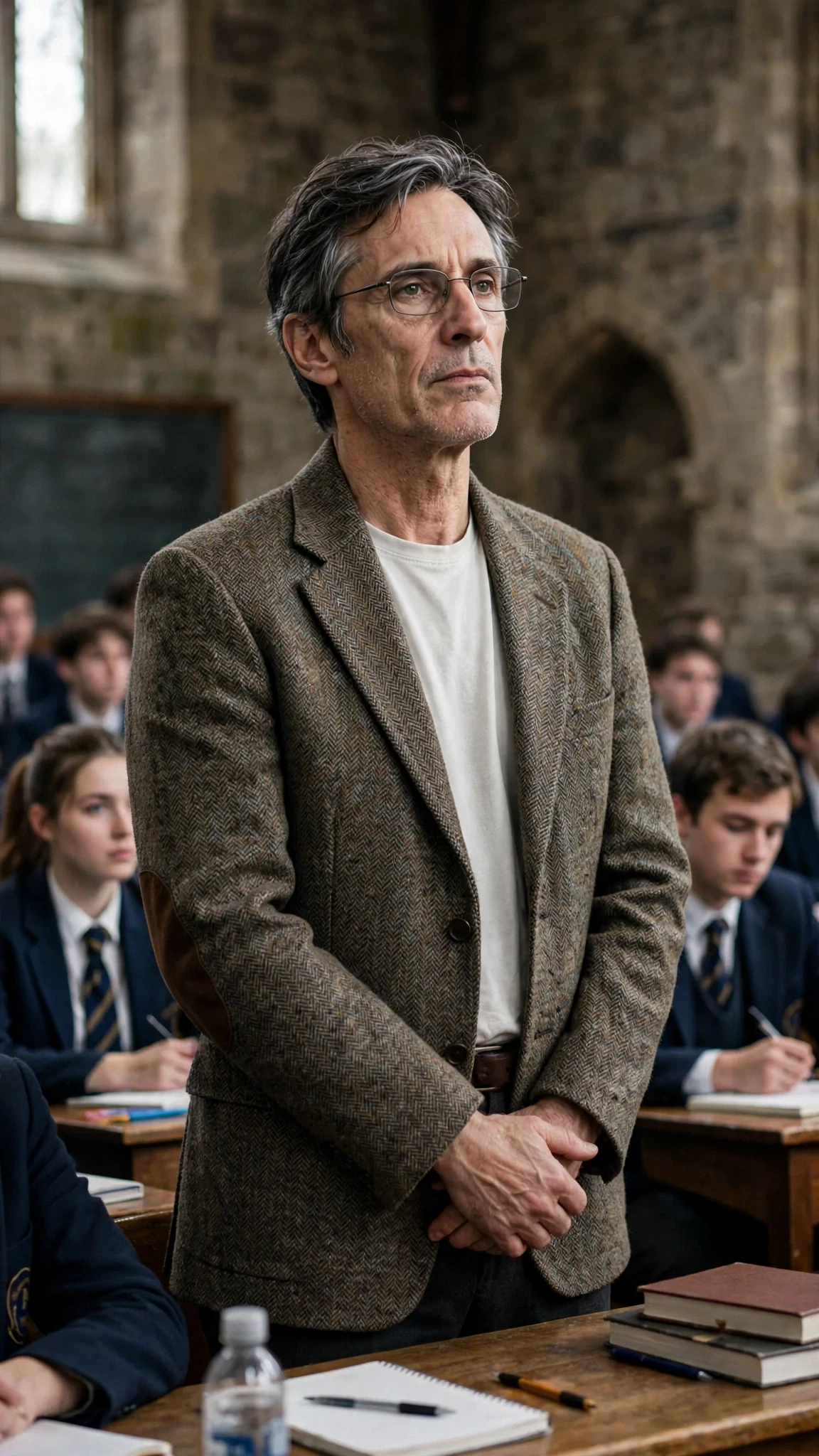 A slim professor in a tweed jacket stands at the front of the classroom with narrow glasses and a flat expression.