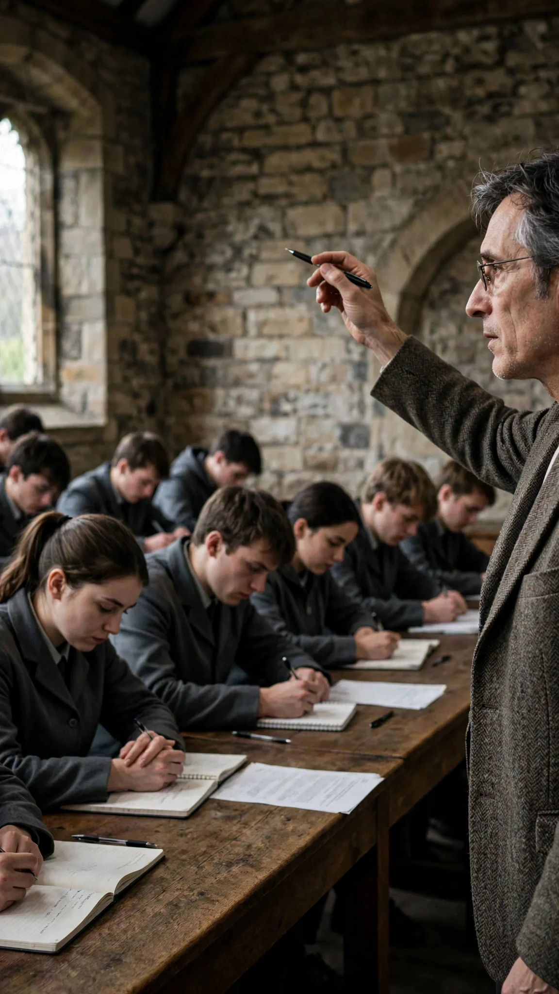 Students at long wooden tables stare straight down while the professor points a pen toward the back of the room.