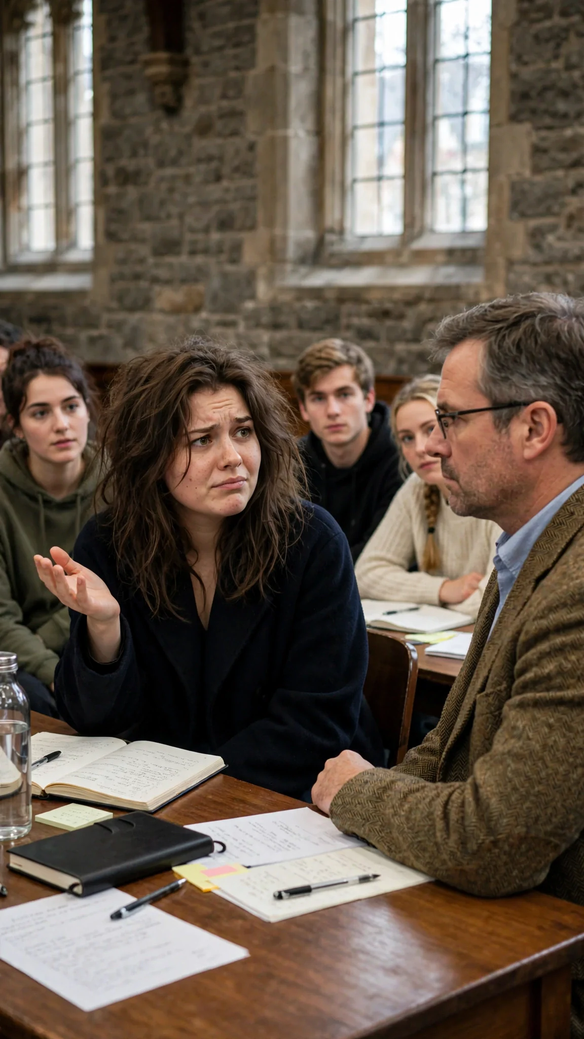 Nell raises her hand halfway while the professor stares at her over his glasses.