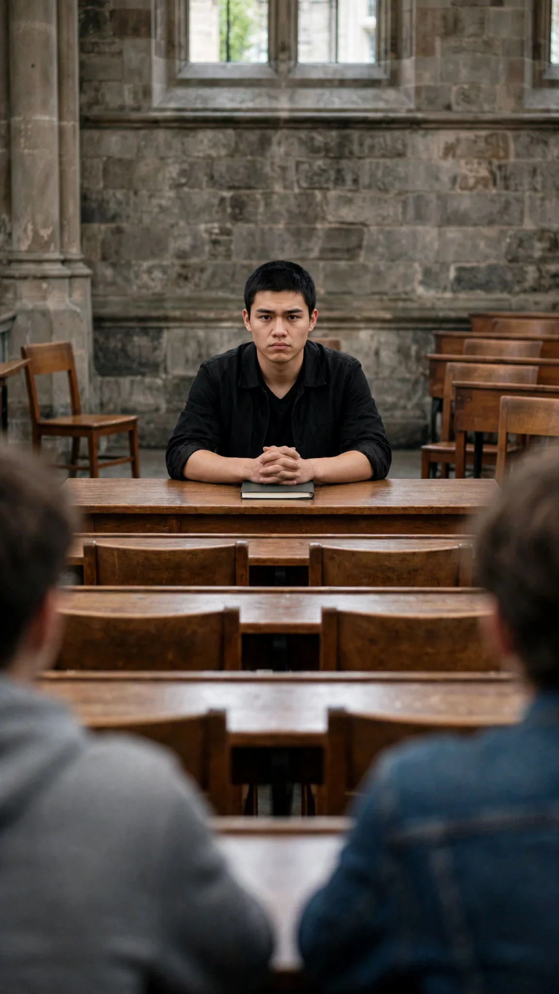 Seen from Nell's seat, a lone broad-shouldered young man sits at the empty back table with chairs cleared around him.