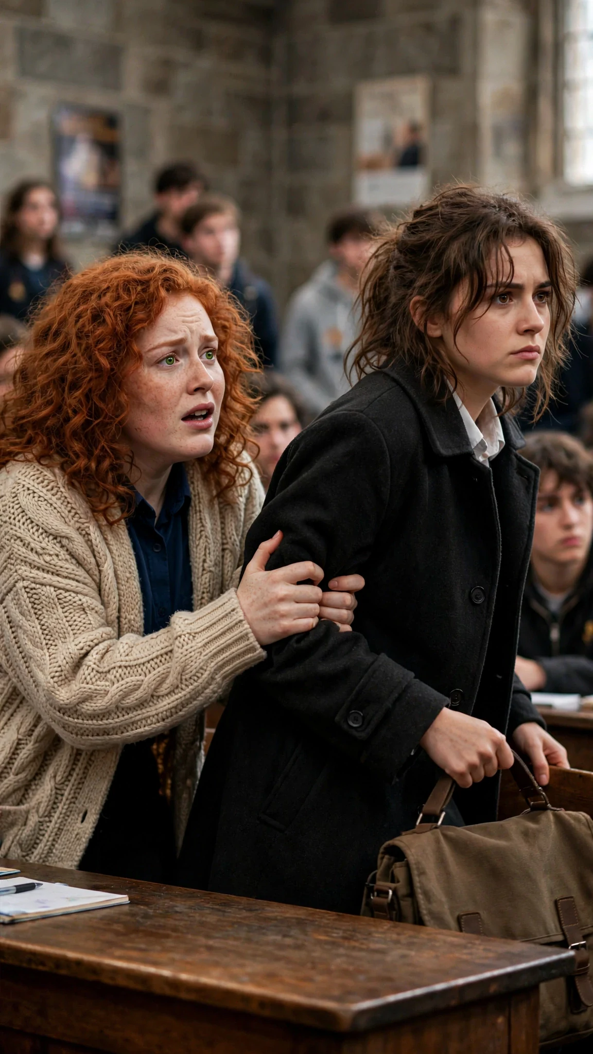 Tilda grabs Nell's sleeve, her face alarmed, as Nell starts to stand.