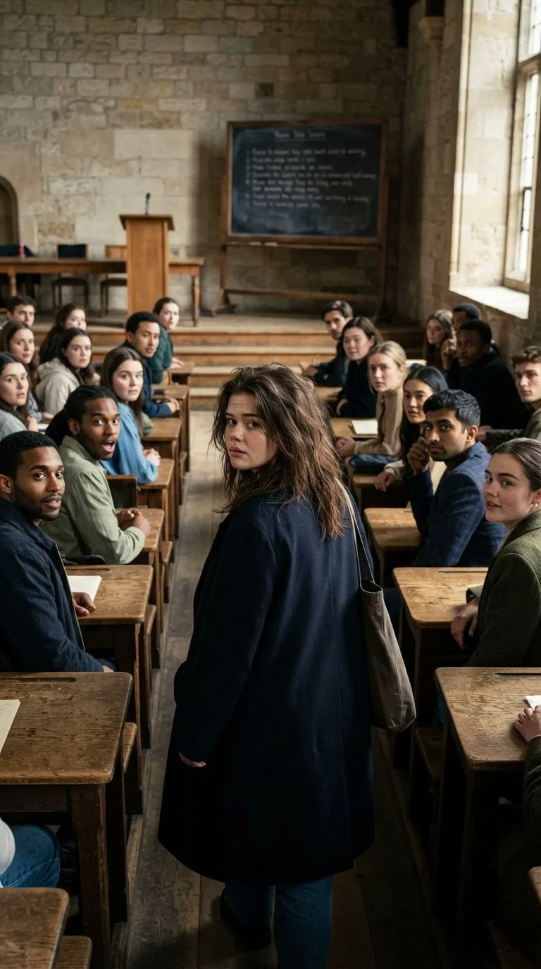 Nell walks down the aisle between long tables while students turn to stare at her.