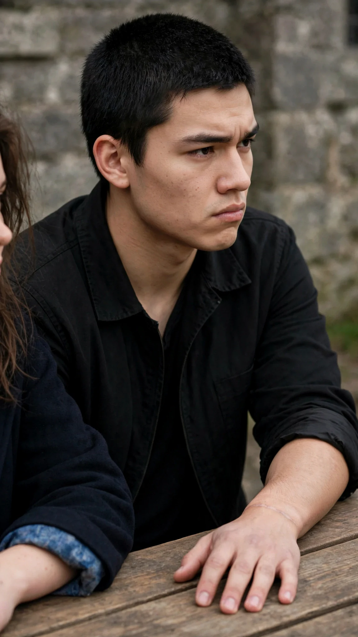Cormac sits rigid, eyes fixed forward, as Nell settles into the chair beside him.
