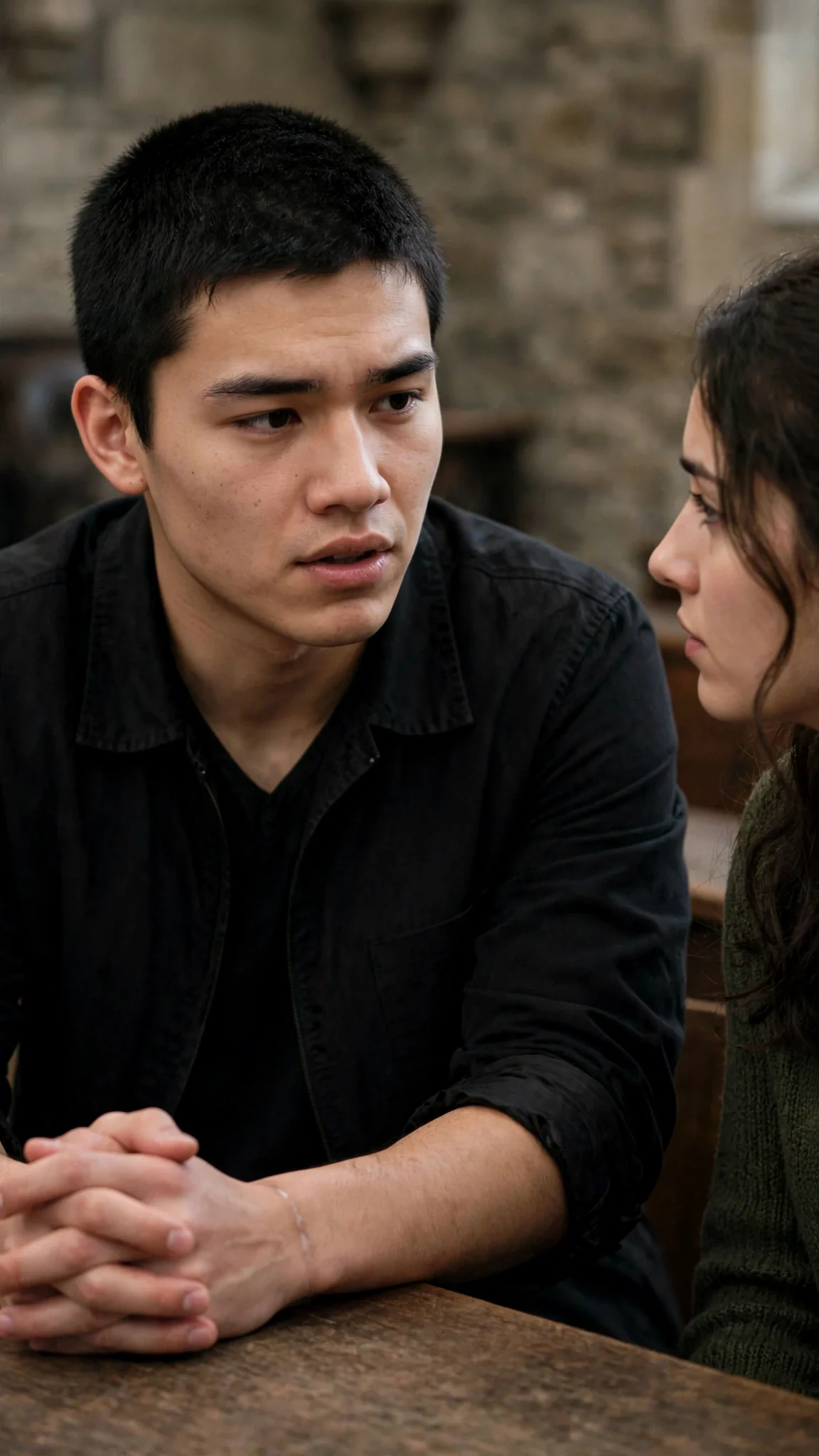 Cormac speaks quietly to Nell, his hands still folded on the table.