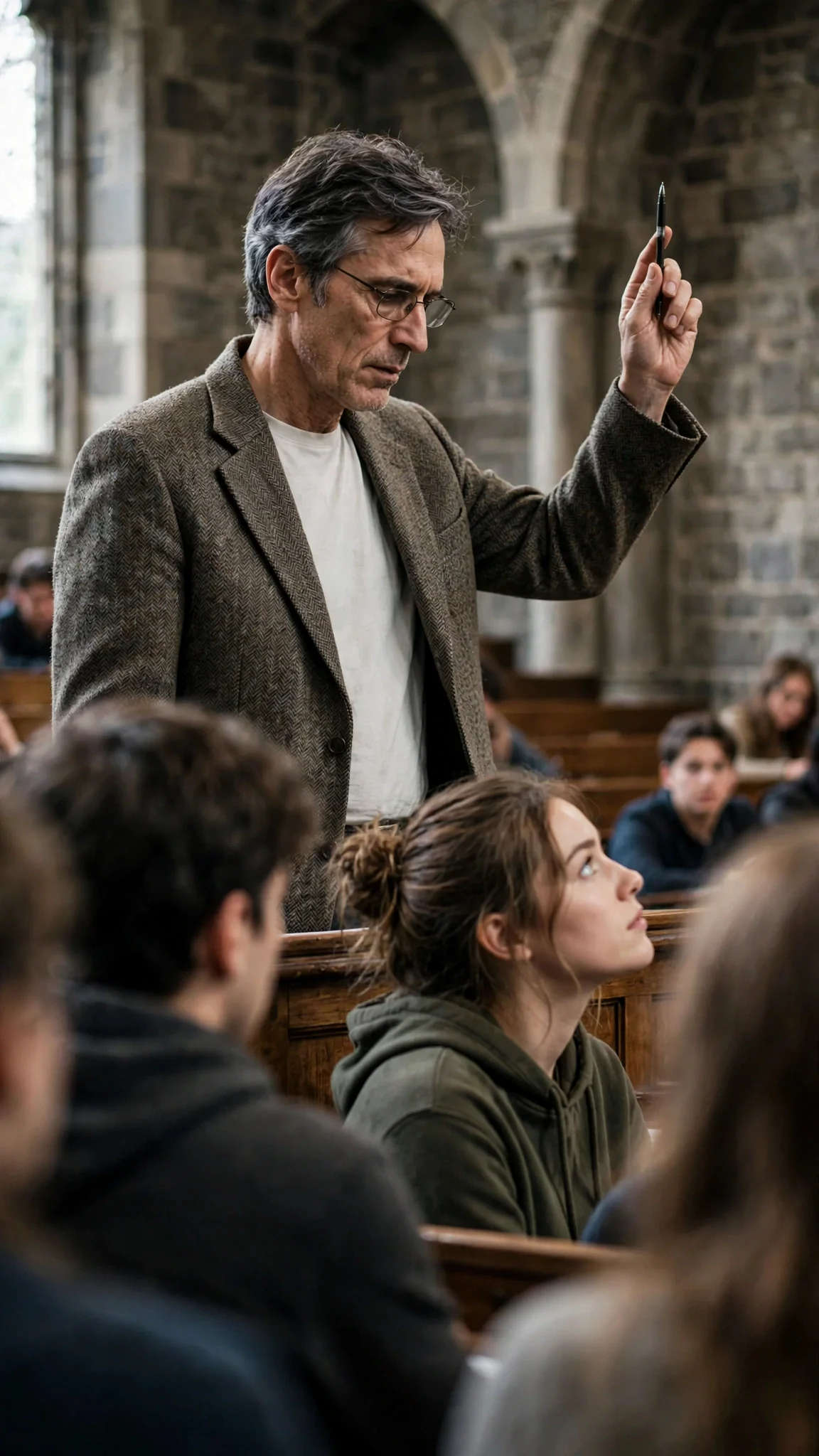 Professor Wexley stares down the room at the back table, pen raised, while Nell meets his eye.