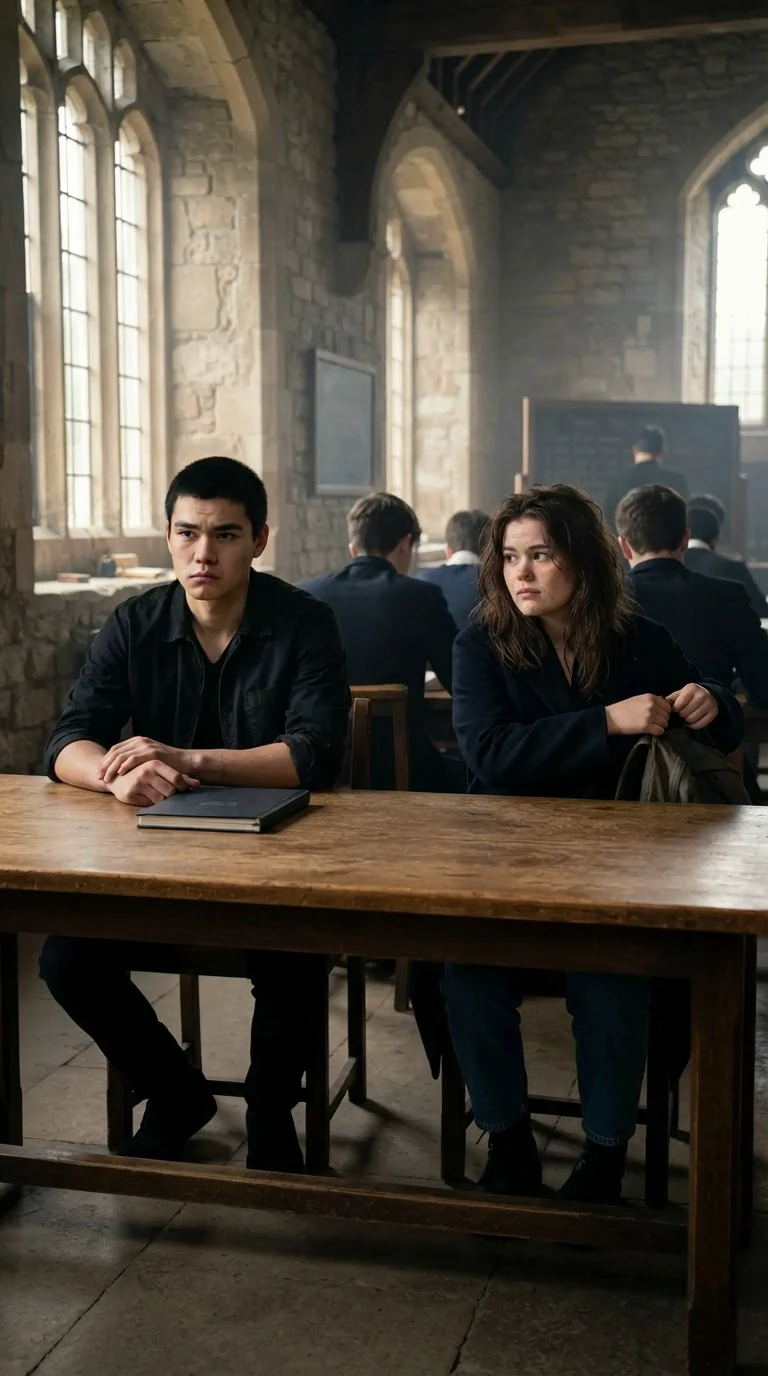 A tall dark-haired young man sits at a back table with his hands folded while a brown-haired girl drops her bag on the chair beside him.