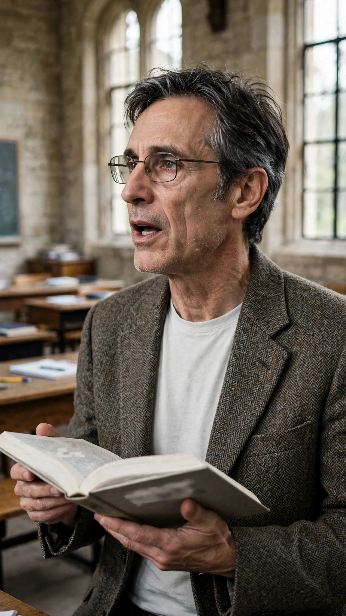 A slim older professor in narrow glasses keeps reading from a book at the front, pointedly not looking toward the back.