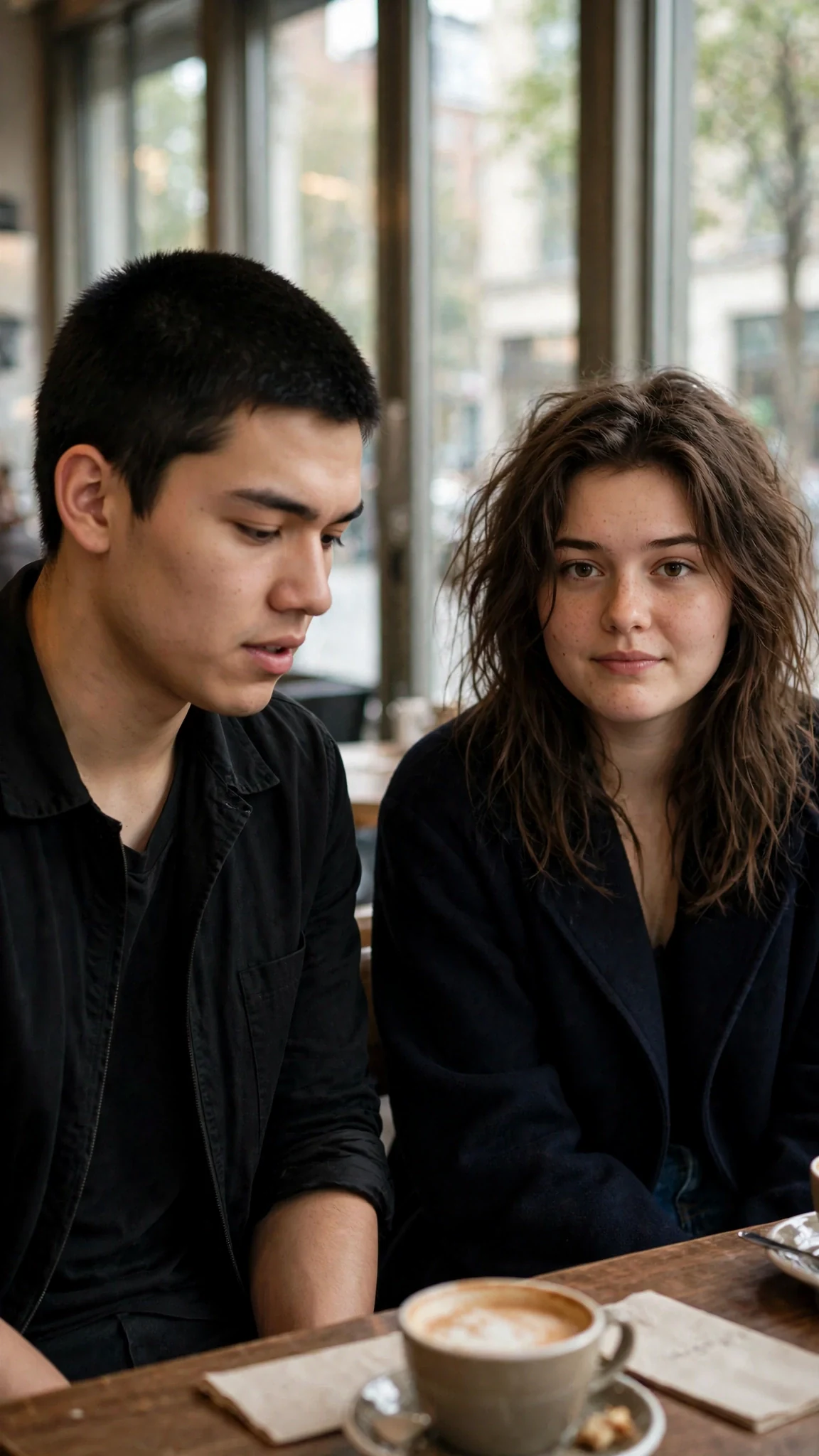 The dark-haired man turns his head slightly toward the girl beside him, speaking low, eyes down.