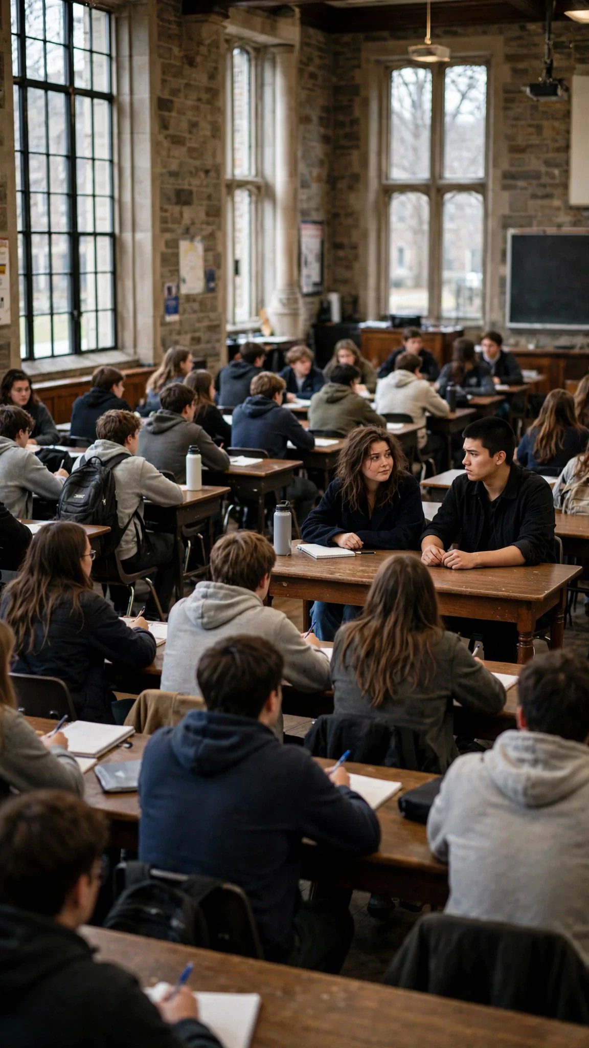 Wide view of the classroom, every other student angled away from the back table, one empty pocket of space around two people.