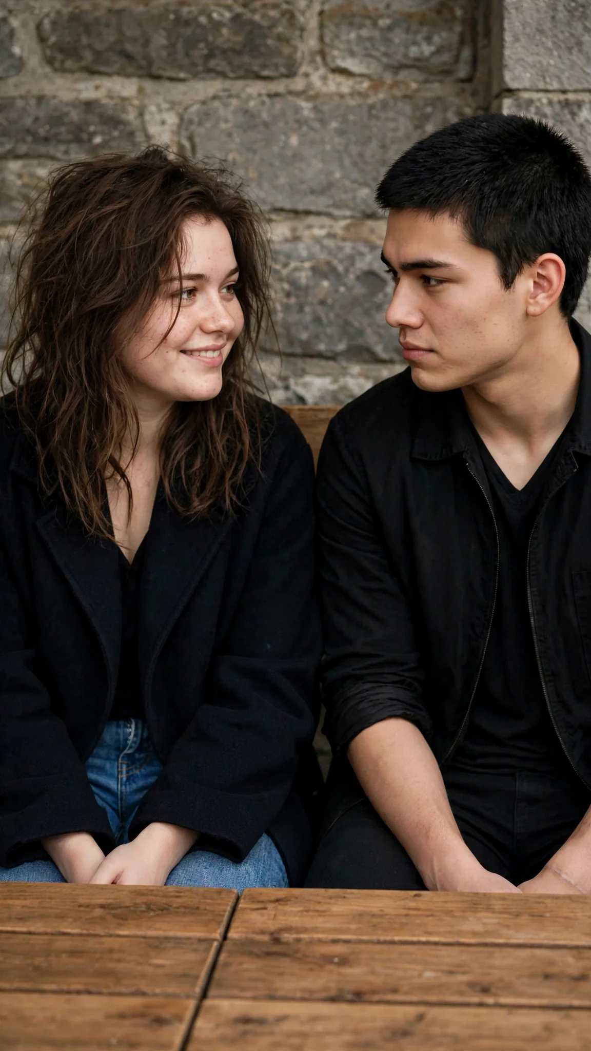 The girl turns fully in her chair toward him, direct and open, hands in her lap.