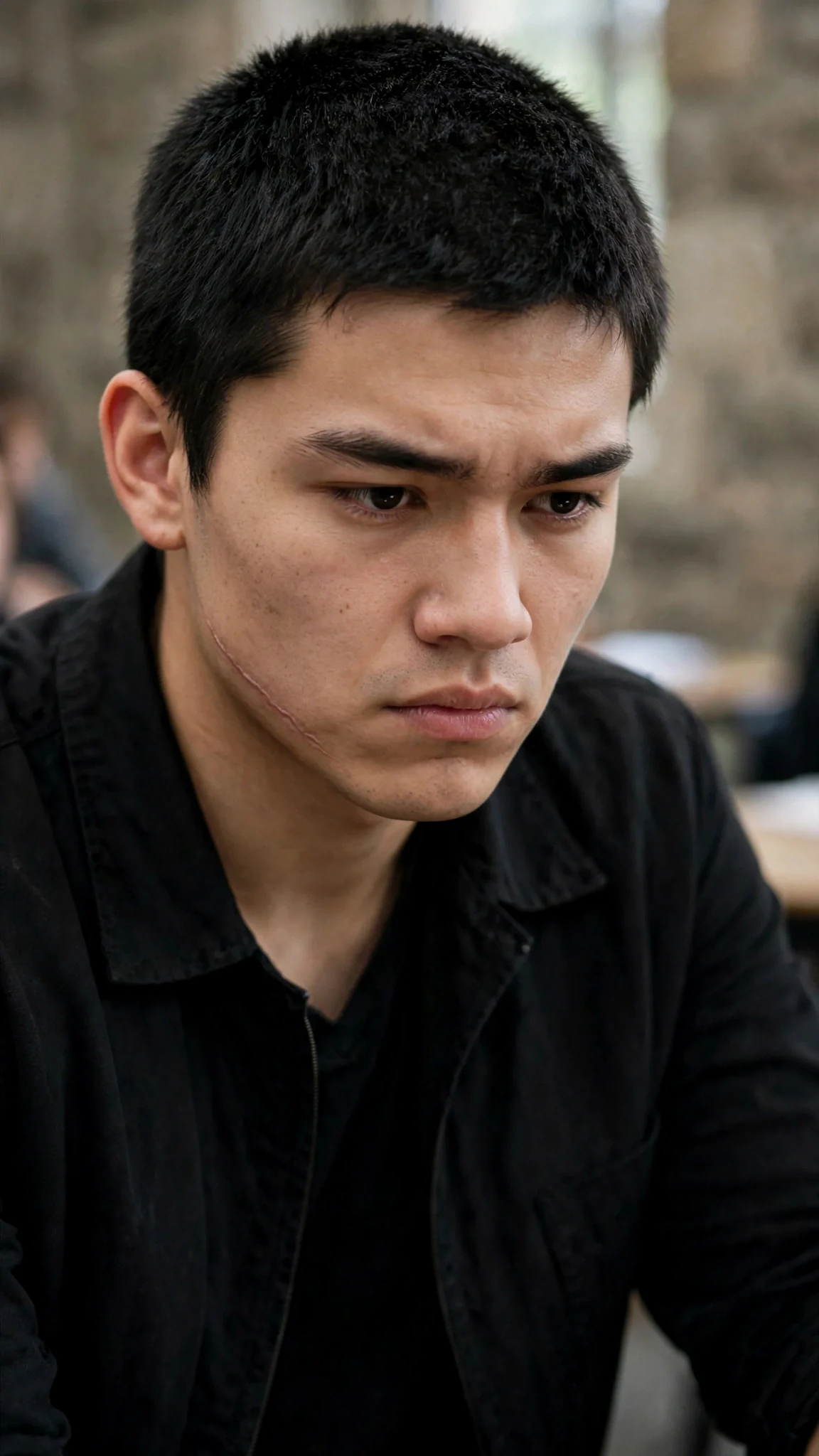 The man's face stays flat and wary, chin slightly down.