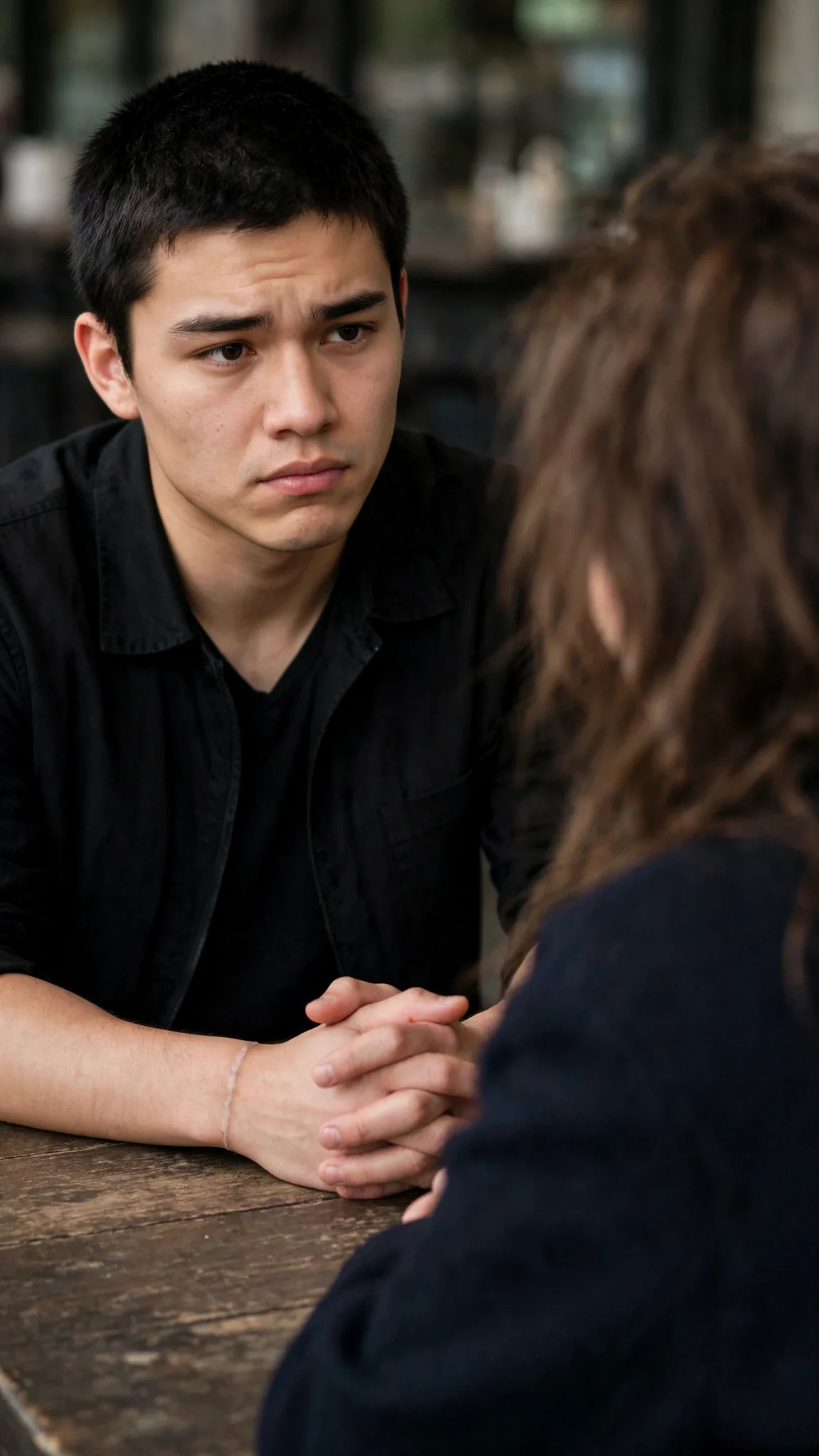 His eyes flick to her, guarded, then give one honest answer.