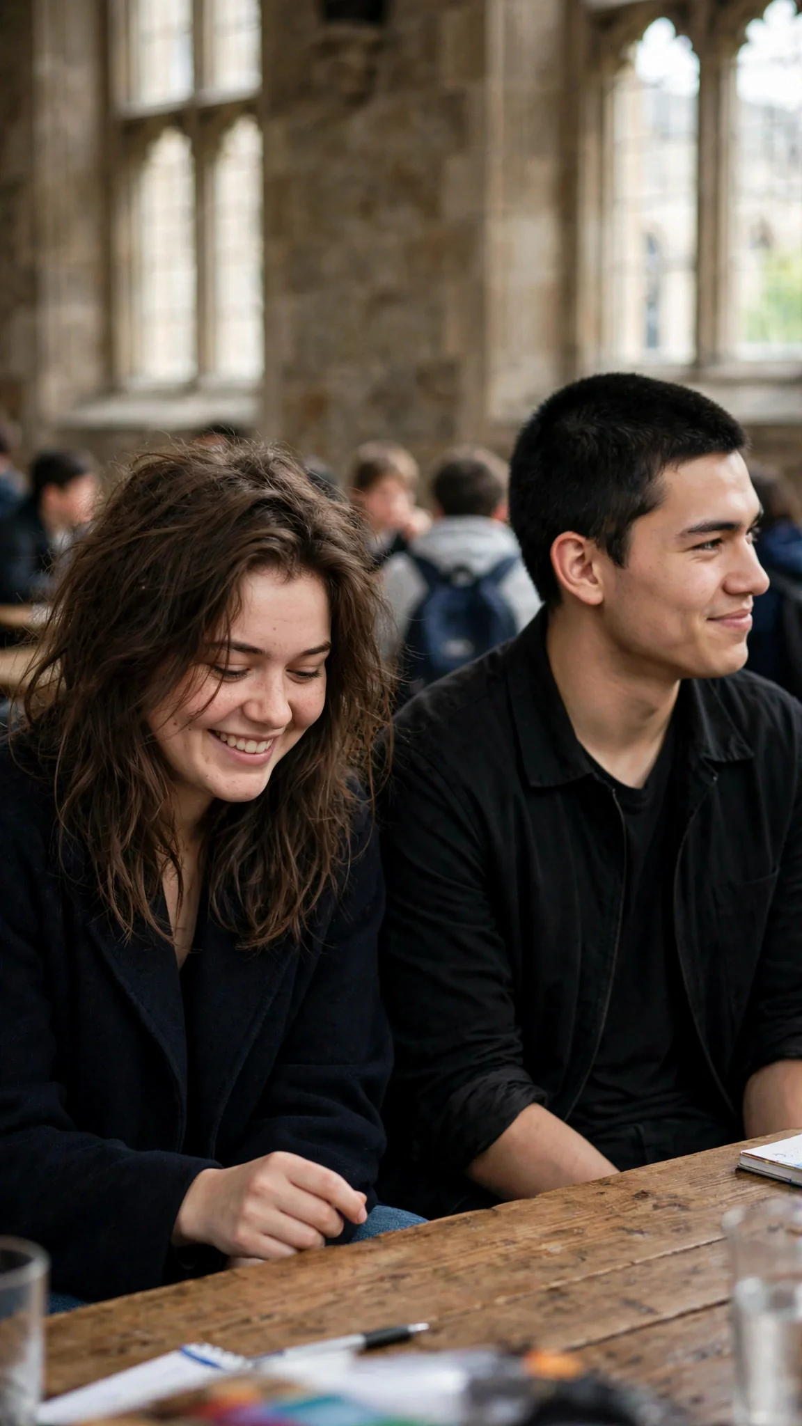 The girl grins at the tabletop, pleased, and the man beside her almost smiles.