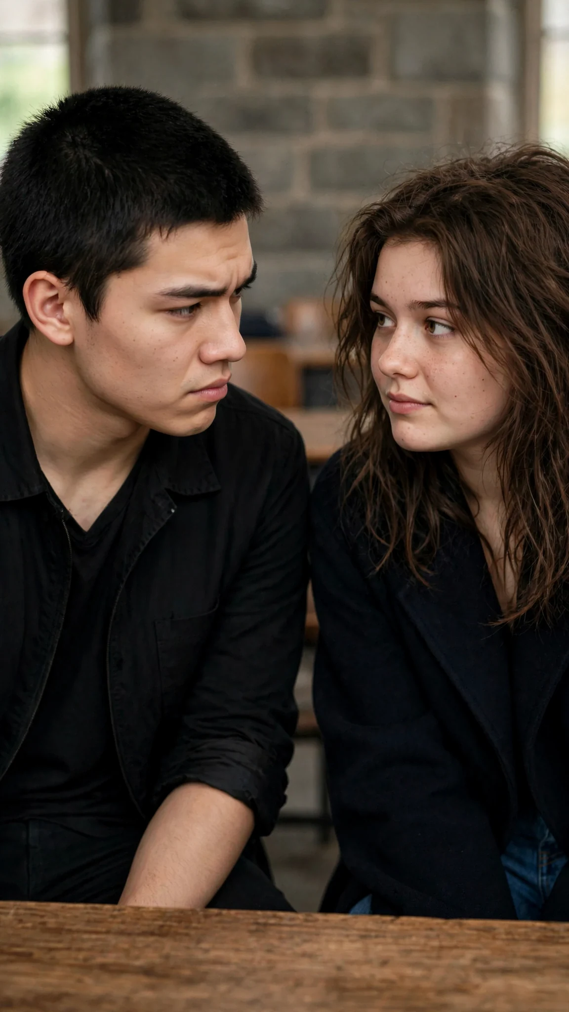 The man leans in an inch, serious, and the girl meets his eyes without flinching.