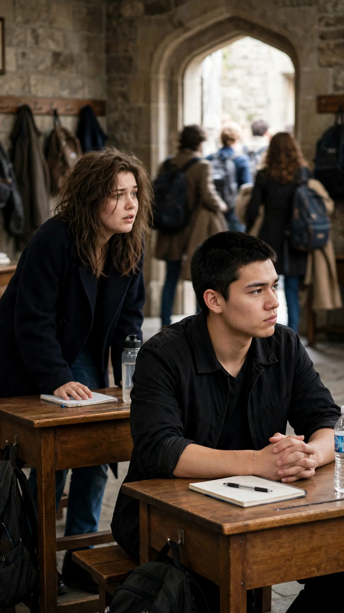 Students hurry out of the classroom while the man stays seated, watching them go.