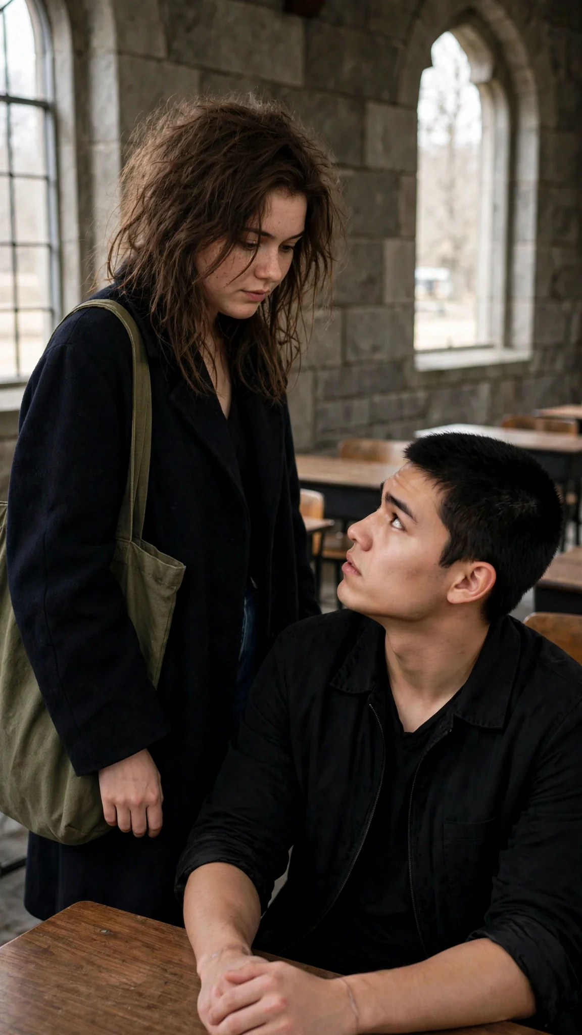 The girl stands with her bag on her shoulder, pauses, and speaks over her shoulder to him.