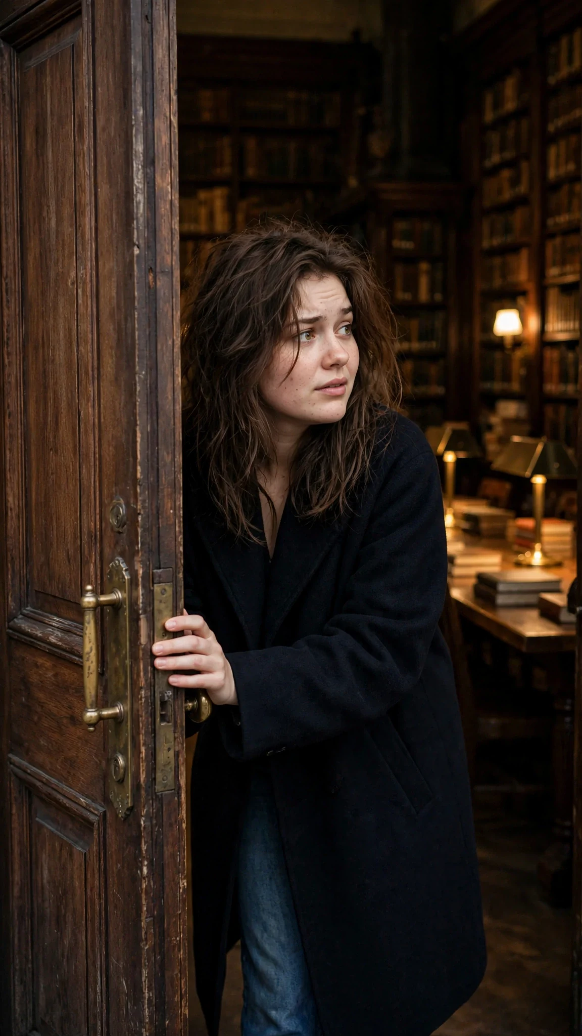 A young woman in a plain coat pushes open a heavy door into a tall old library.