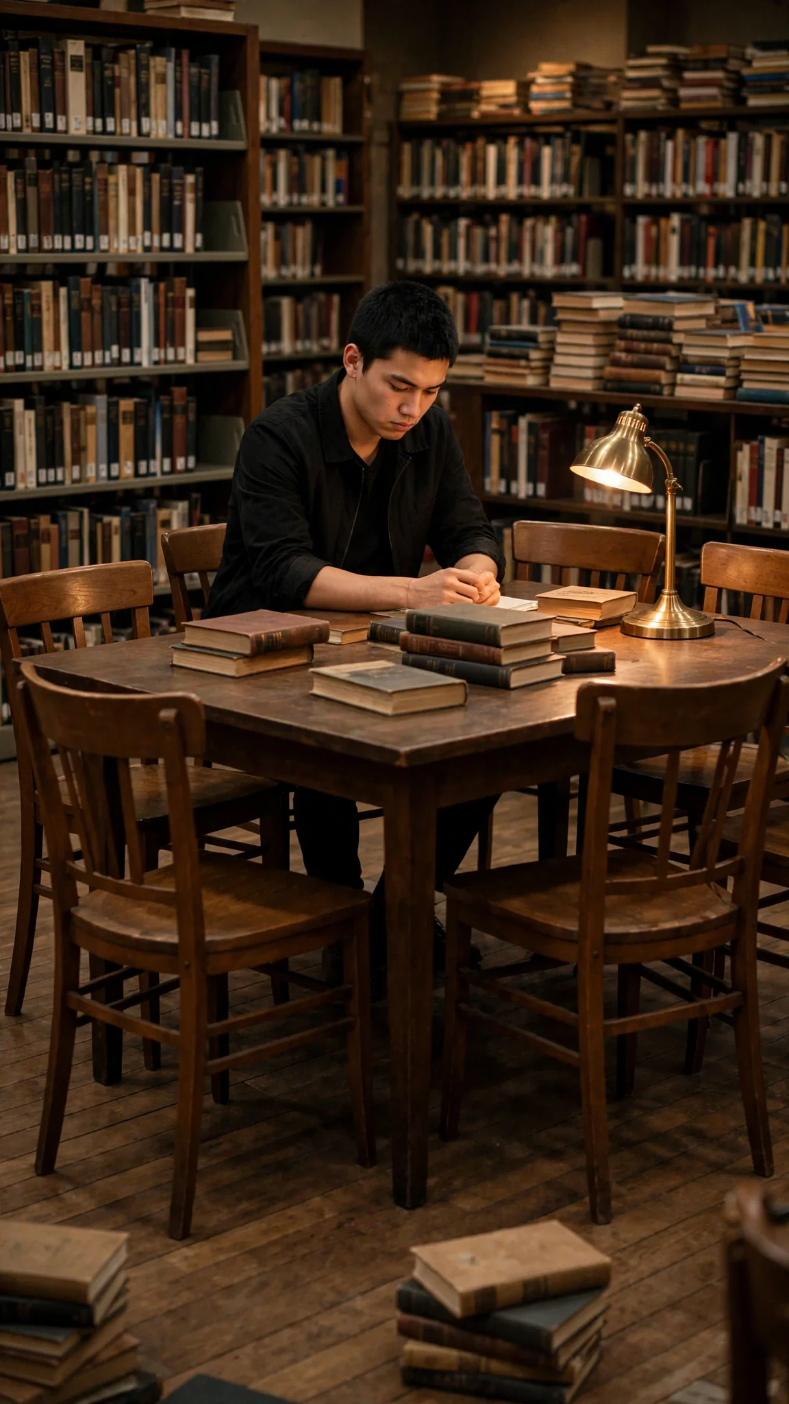 A tall young man sits alone at a corner table walled in by stacked books.