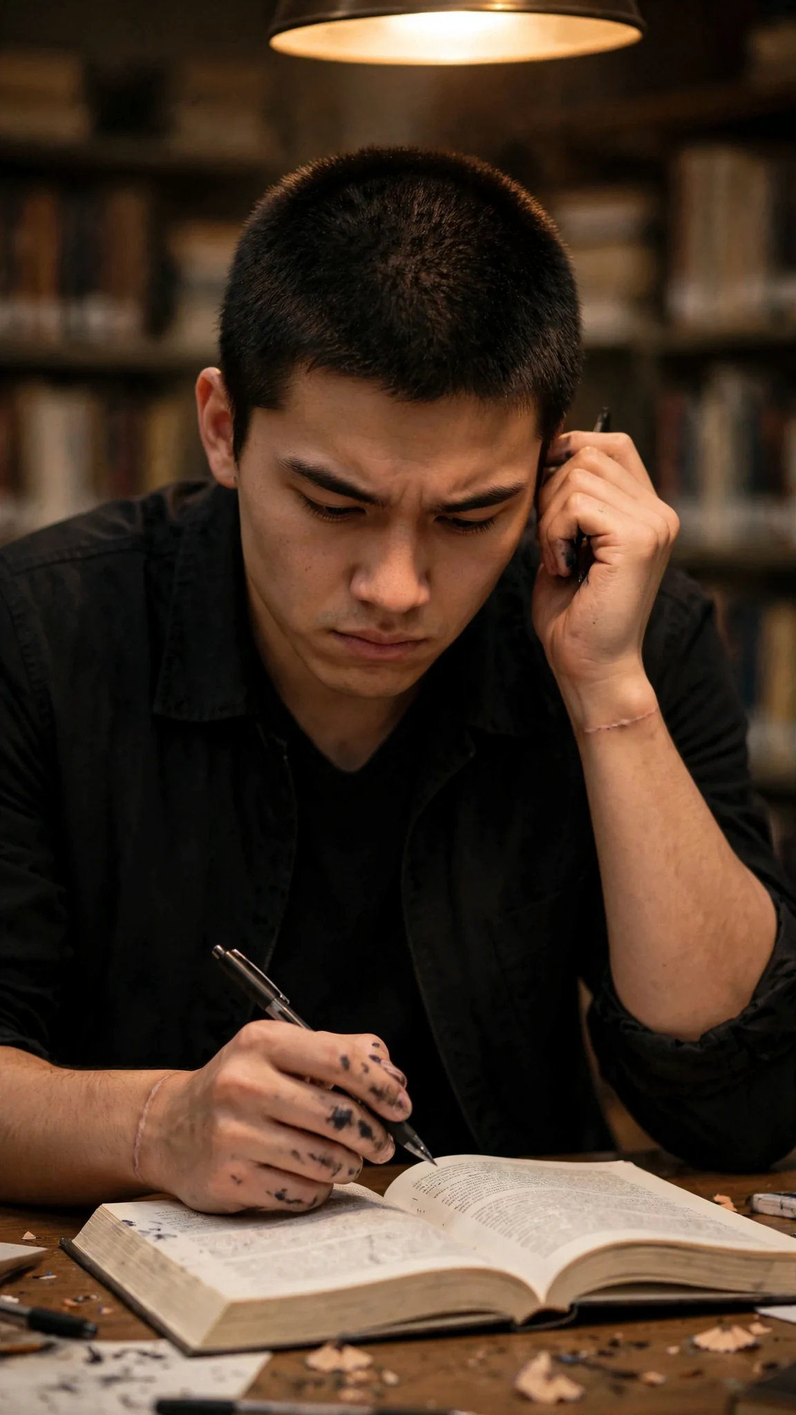Close view of the man reading, ink on his fingers, shoulders raised.