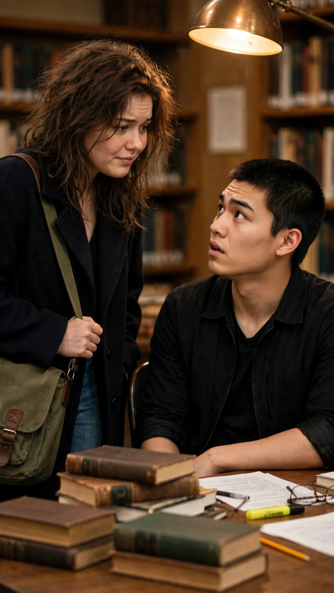 She stops beside his table and he looks up at her.