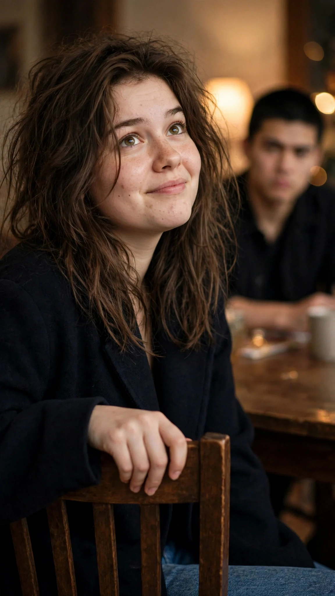 Her chin lifts, hand still on the chair, eyes steady on him.