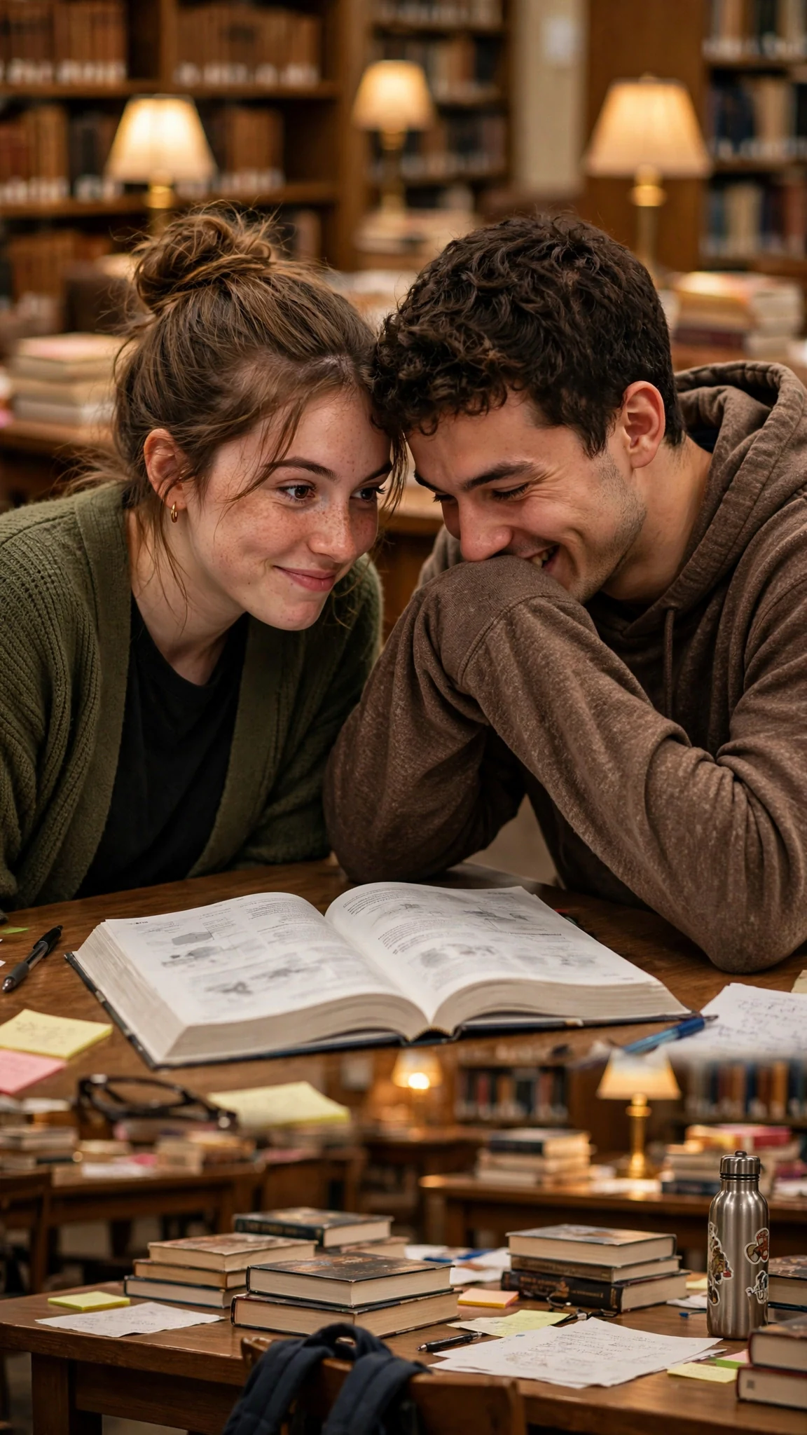 Two students at a nearer table lean together and whisper, laughing.