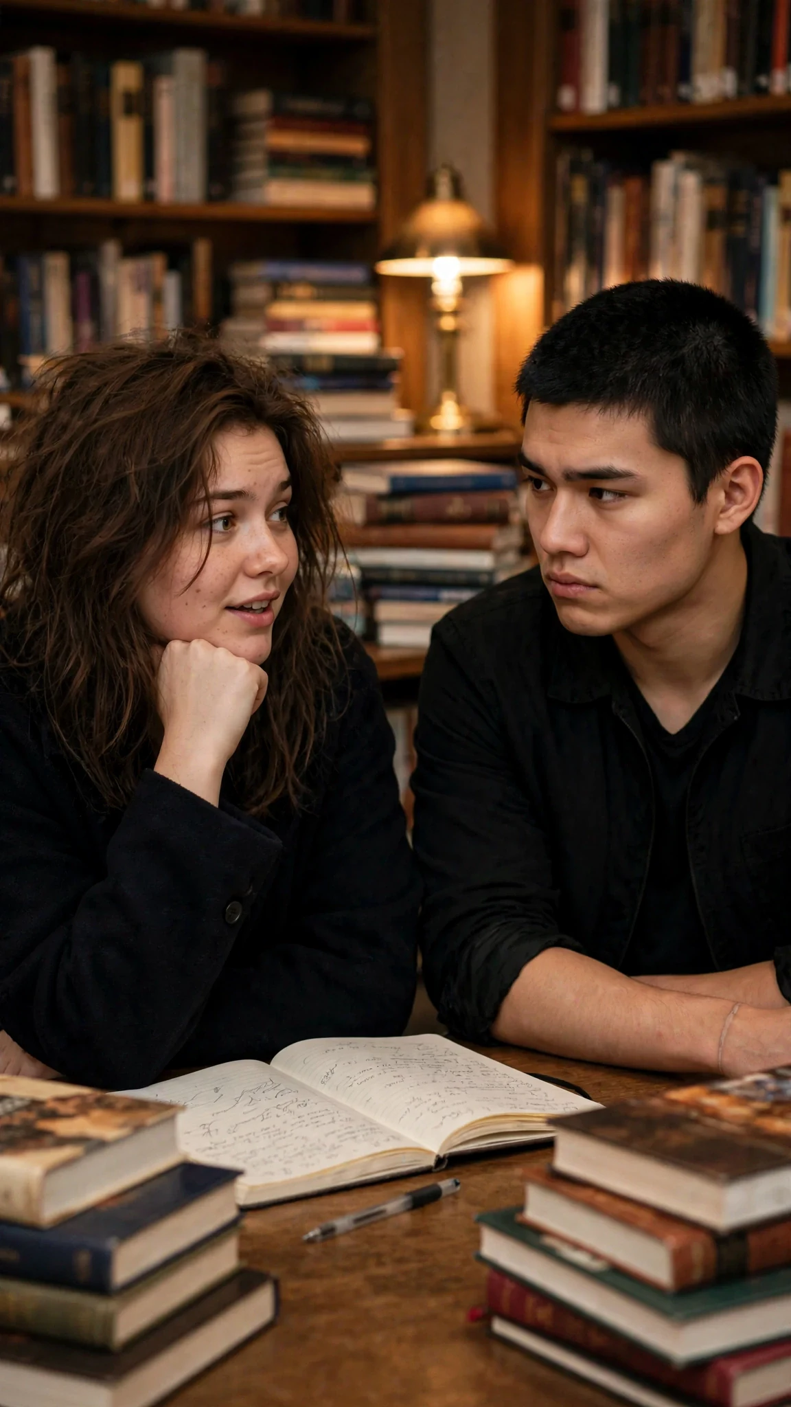 She sits down, notebook out, chin on her hand, talking at him.