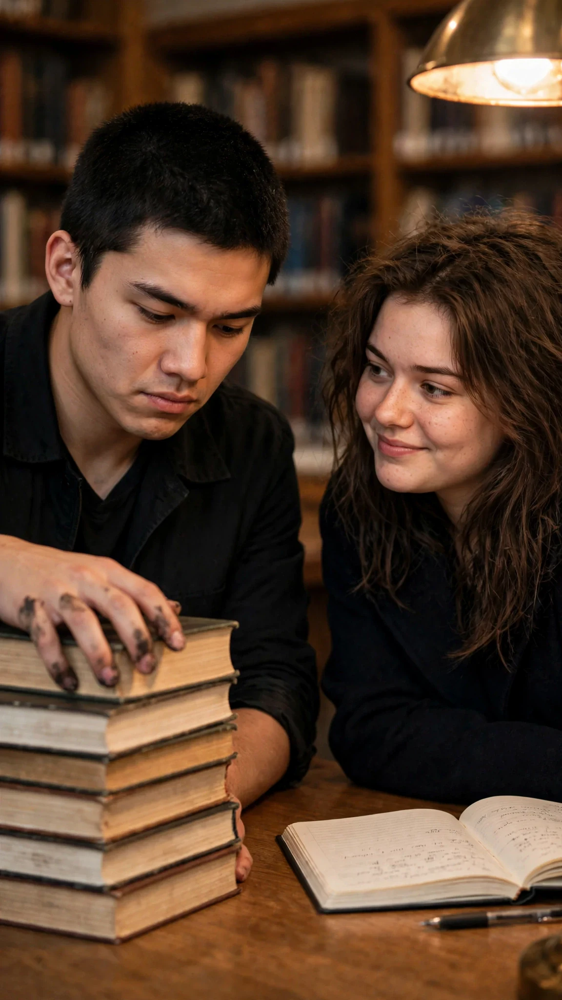 He slides his stack of books toward his own side to give her room.