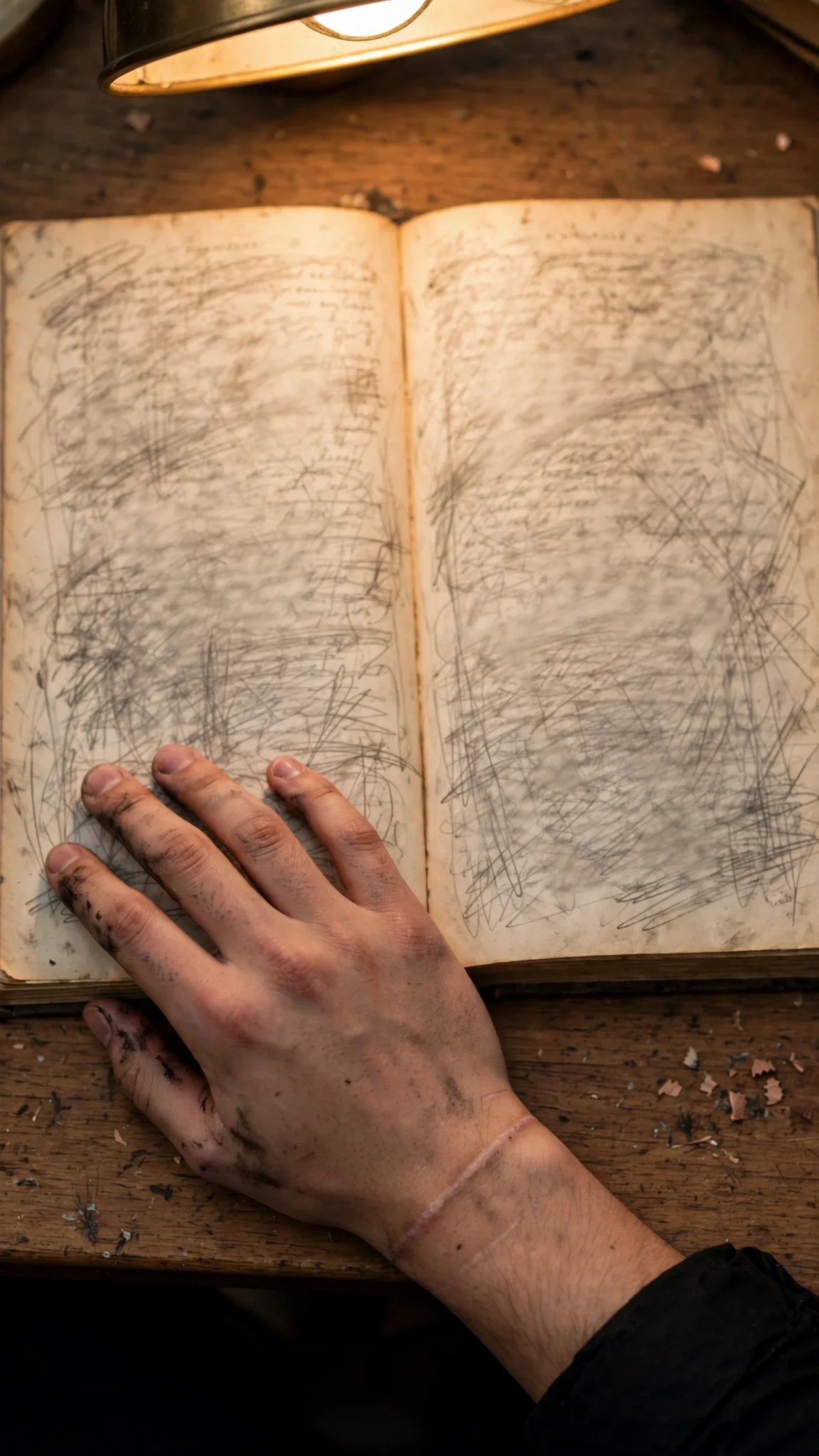 An open book full of penciled notes and crossed-out lines under his hand.