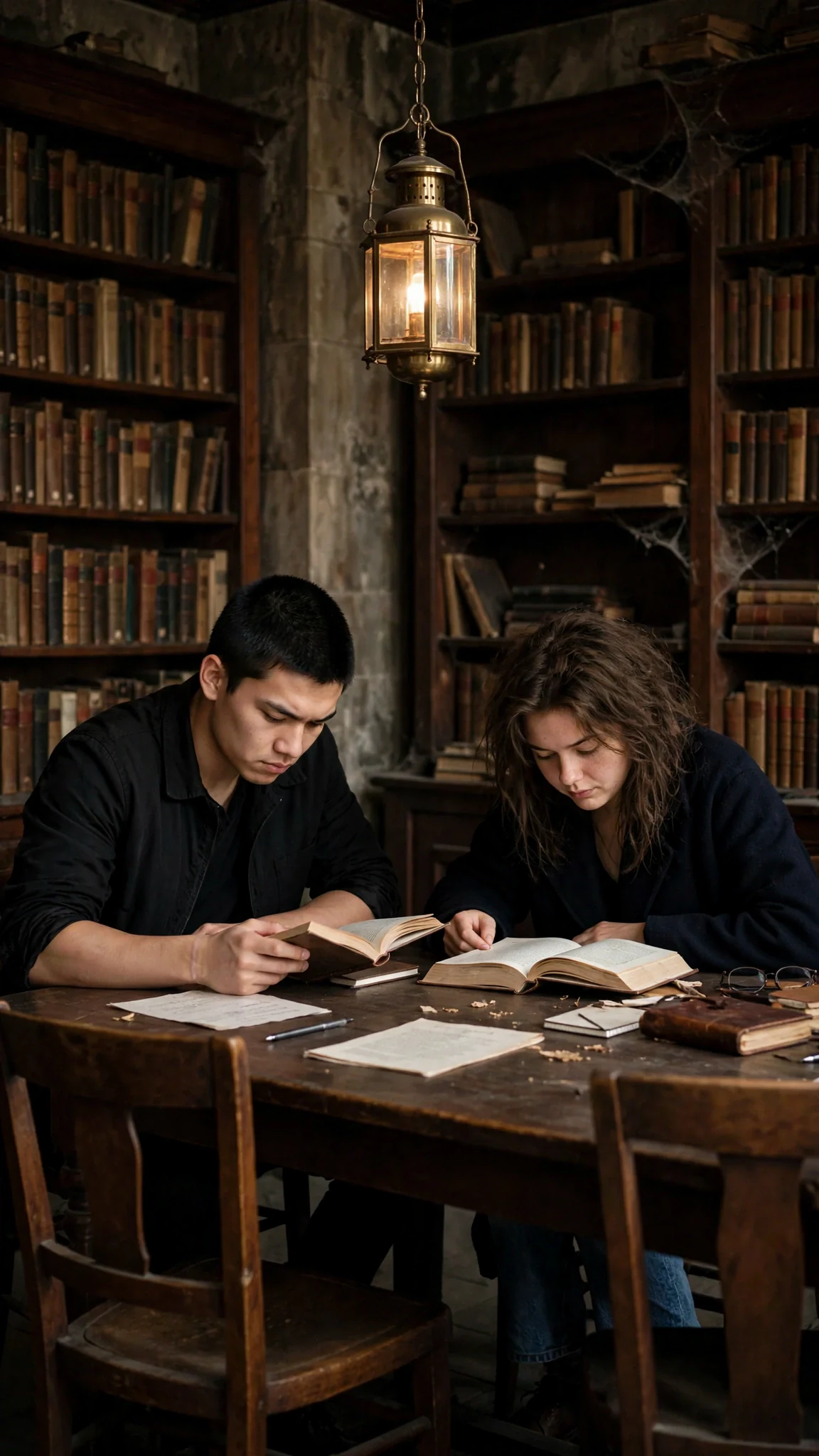 Two people working quietly at a corner table under a hanging lamp.