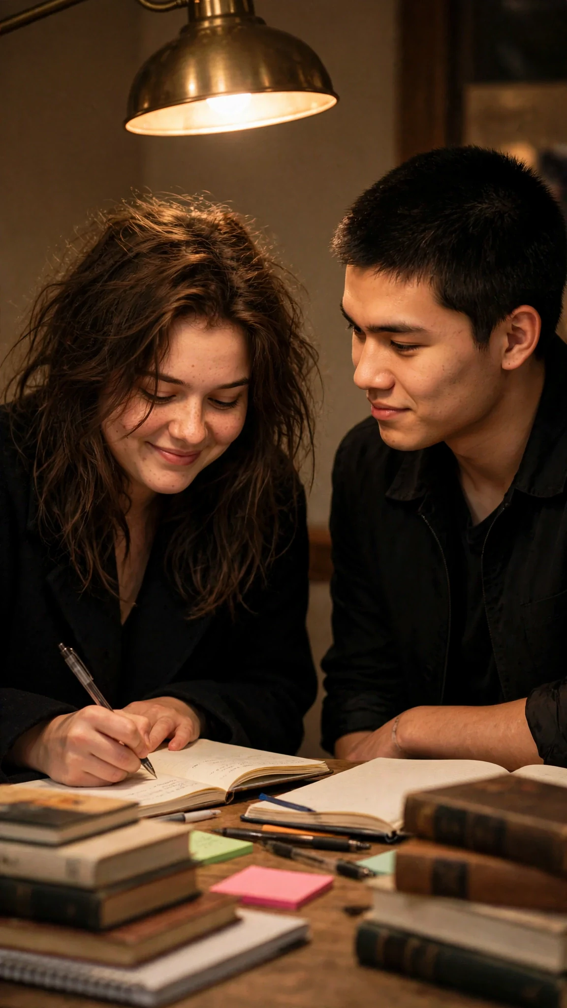 She writes in her notebook, smiling at the page, and he glances over.