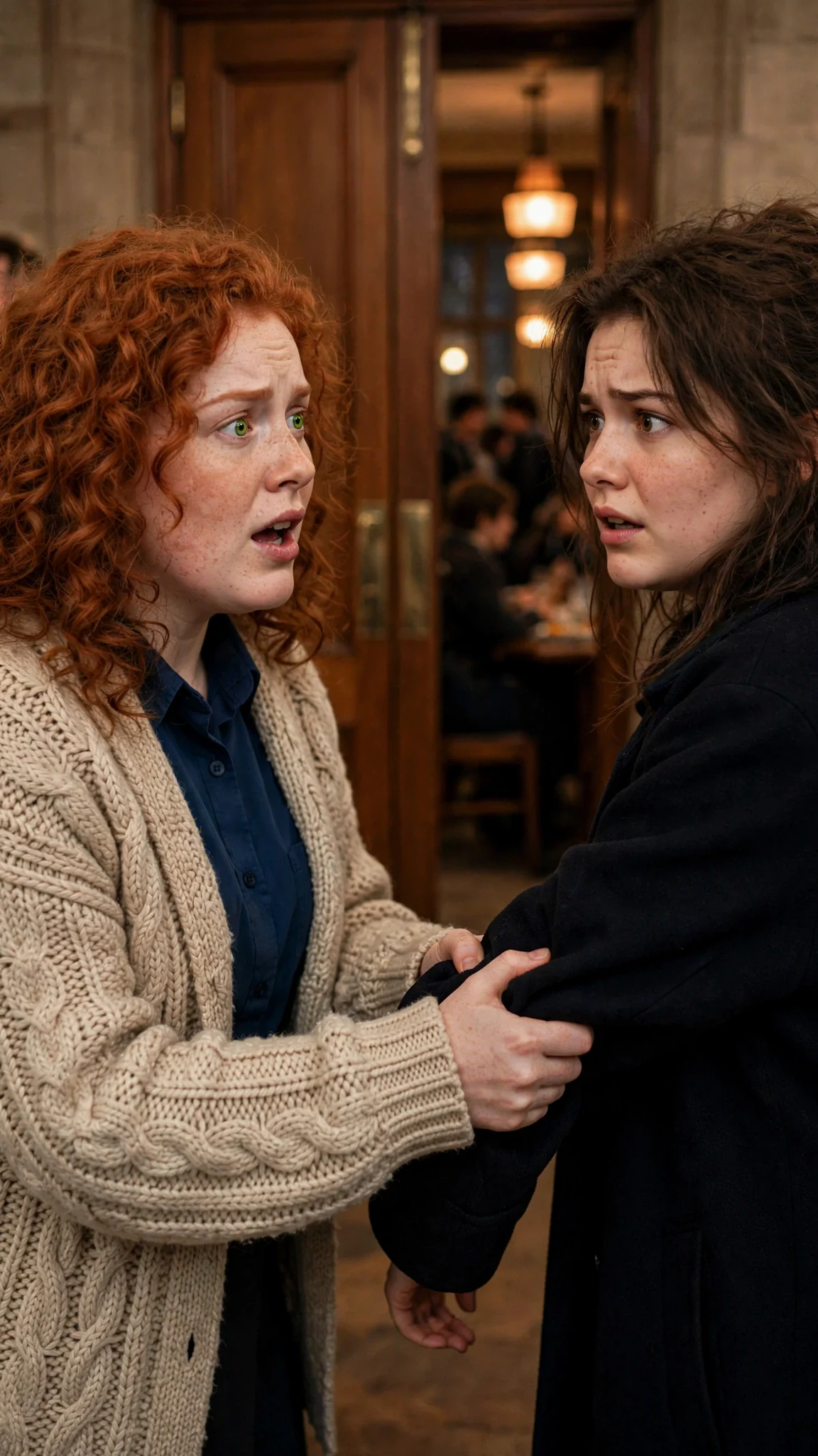 Tilda grabs Nell's sleeve by the dining hall doors, worried.