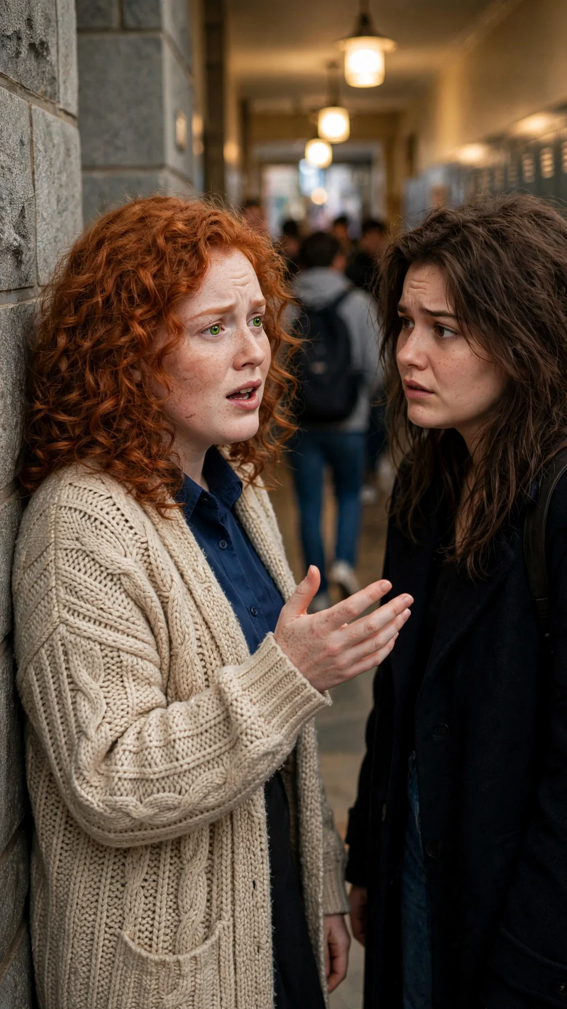 Tilda leans close against the stone wall, speaking low to Nell.