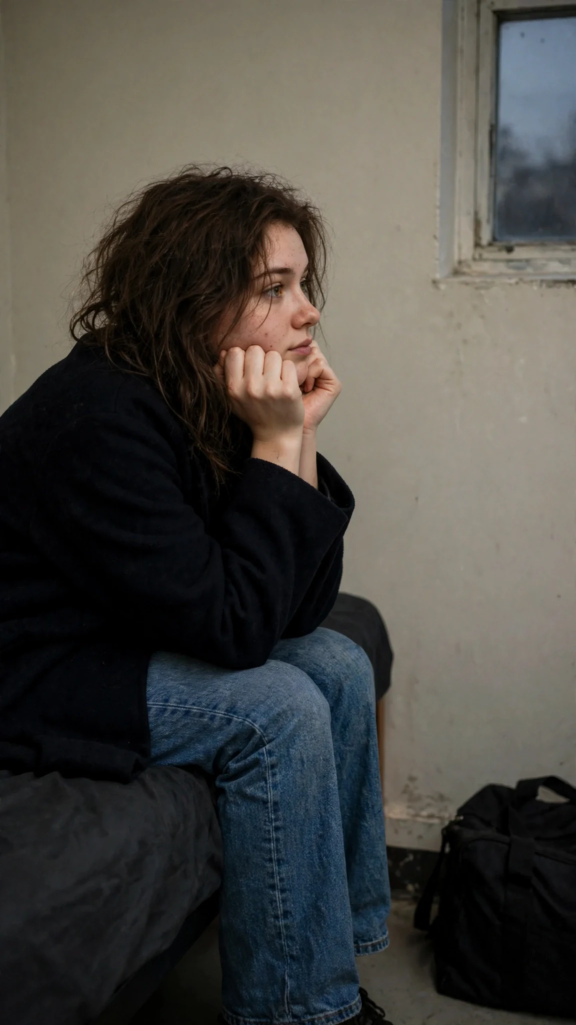 Nell sits on the edge of her dorm bed in her coat, staring at nothing.