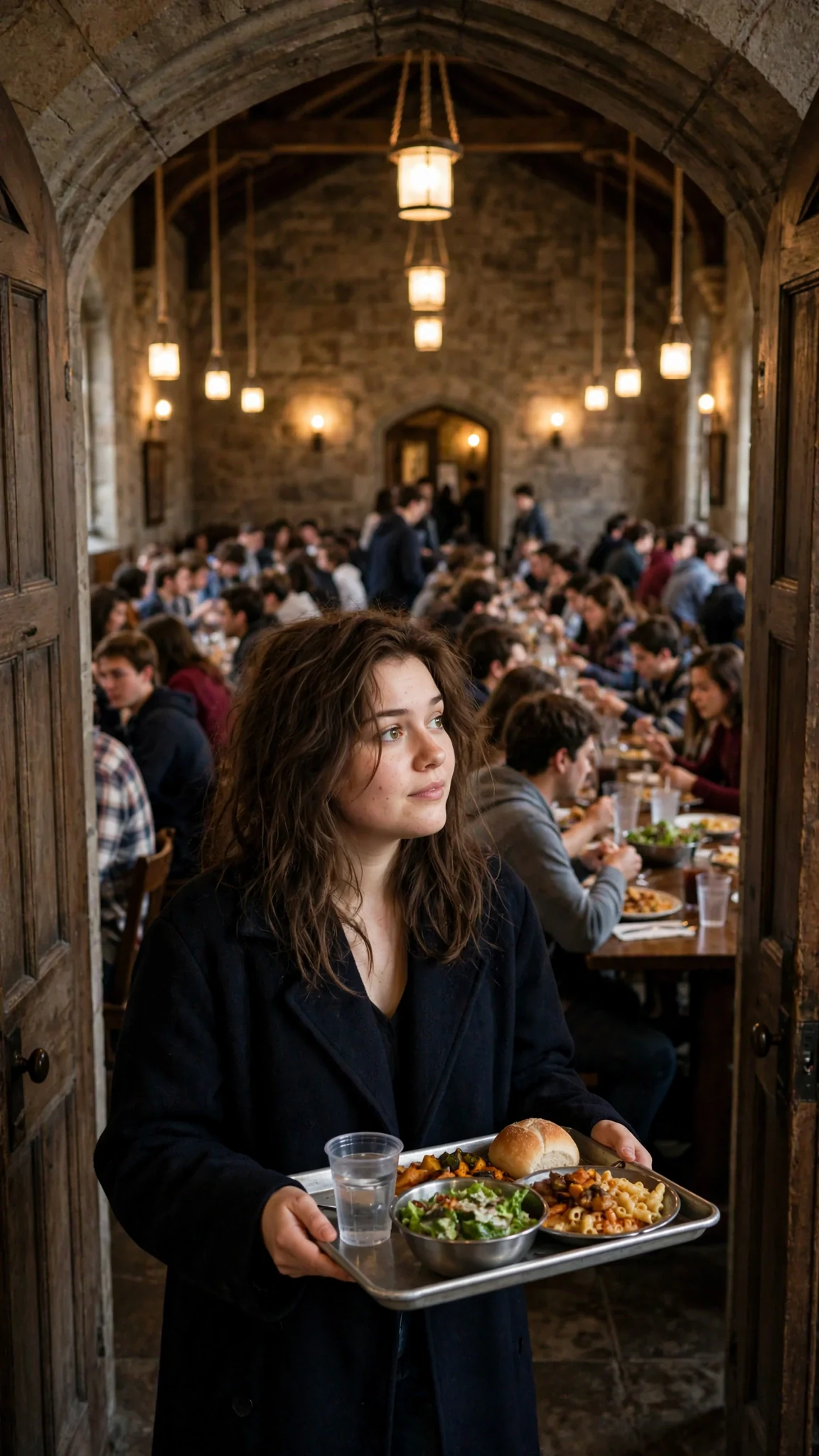 Nell pushes open the dining hall doors; the room is loud and crowded.