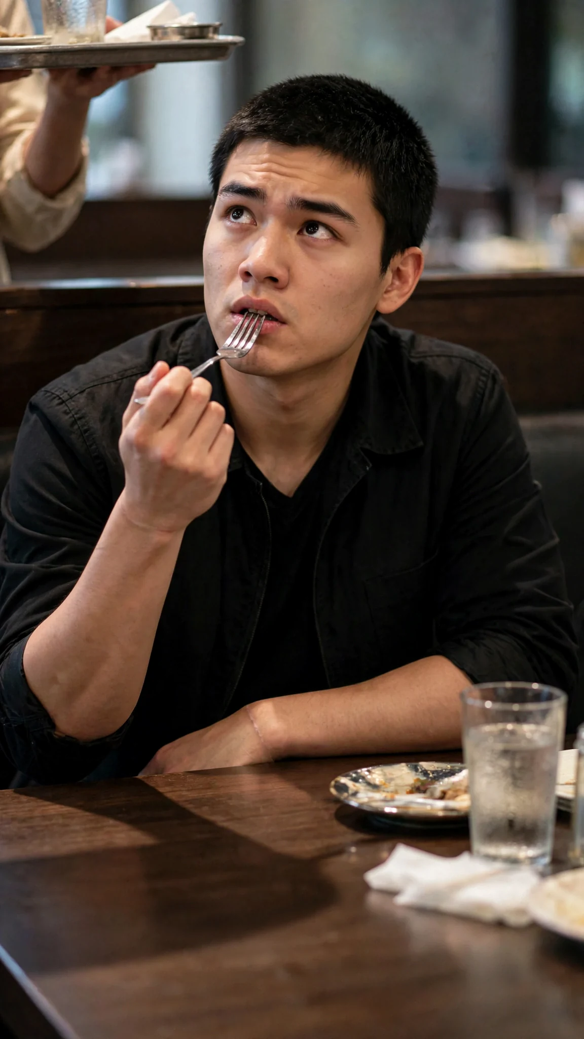 Cormac looks up from his food, fork frozen, as a shadow falls over the table.