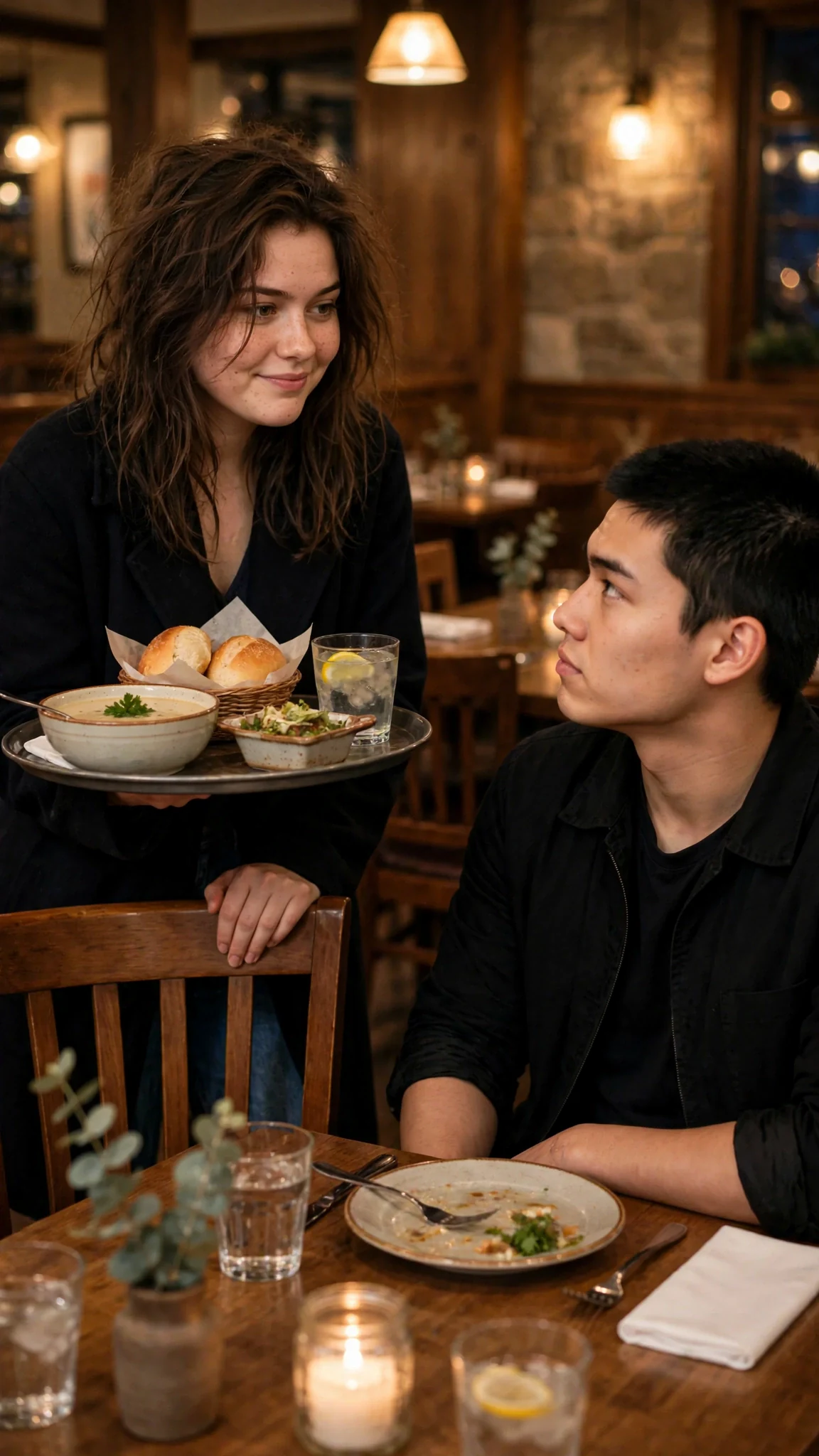 Nell stands at the table with her tray, hand on the back of the empty chair.
