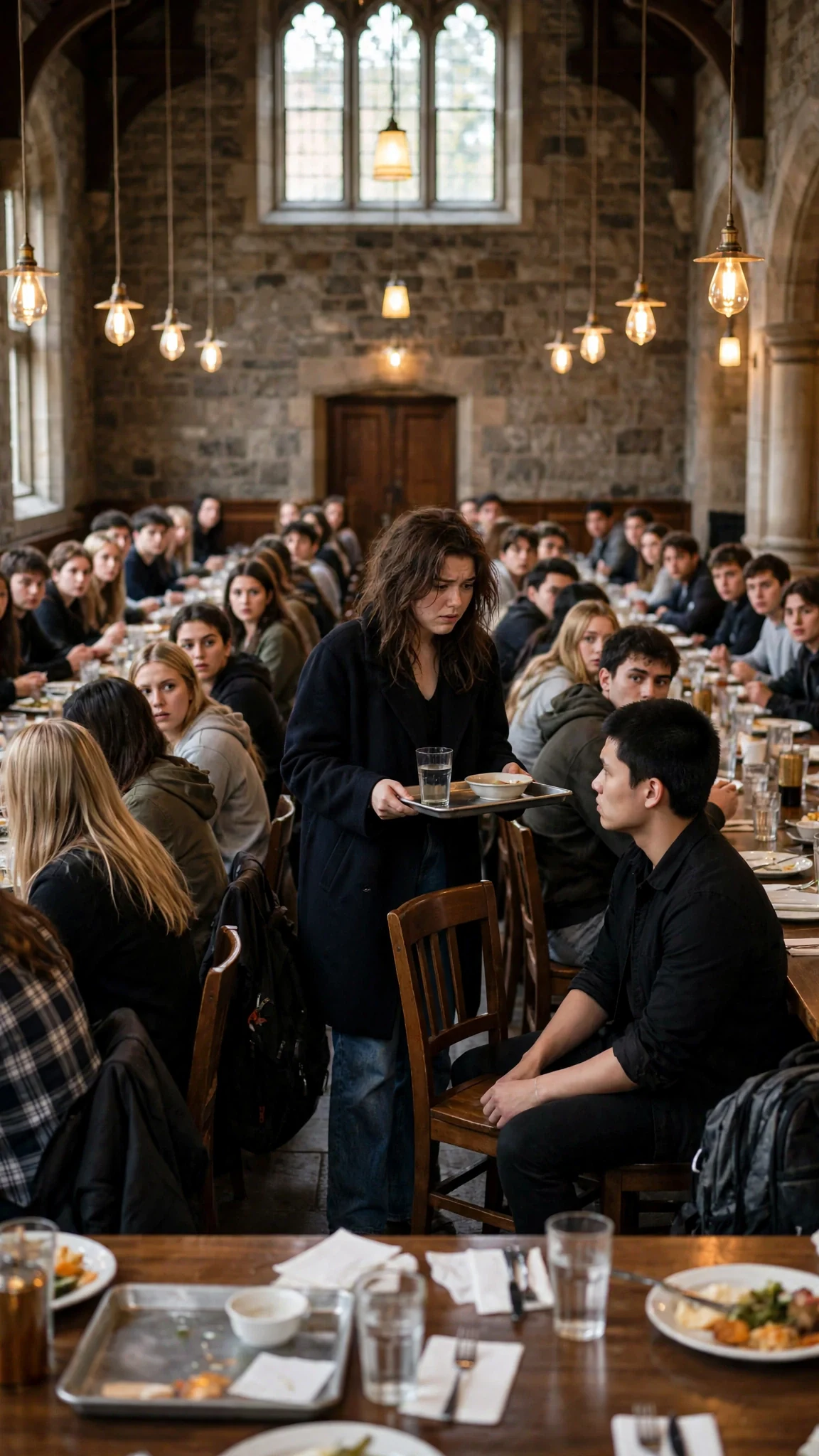 The hall in wide shot, one girl standing at the forbidden table and everyone watching.