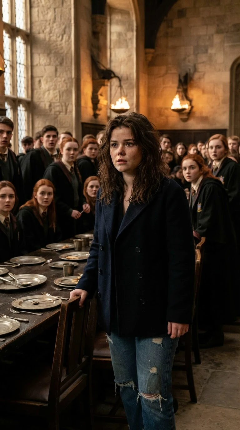 A young woman in a plain coat stands behind an empty chair in a crowded dining hall, hand resting on its back, everyone frozen mid-bite.
