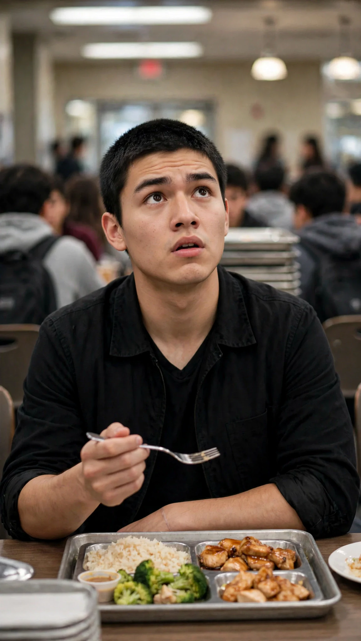 A big dark-haired young man at the back table looks up from his food, fork frozen, dark eyes startled.