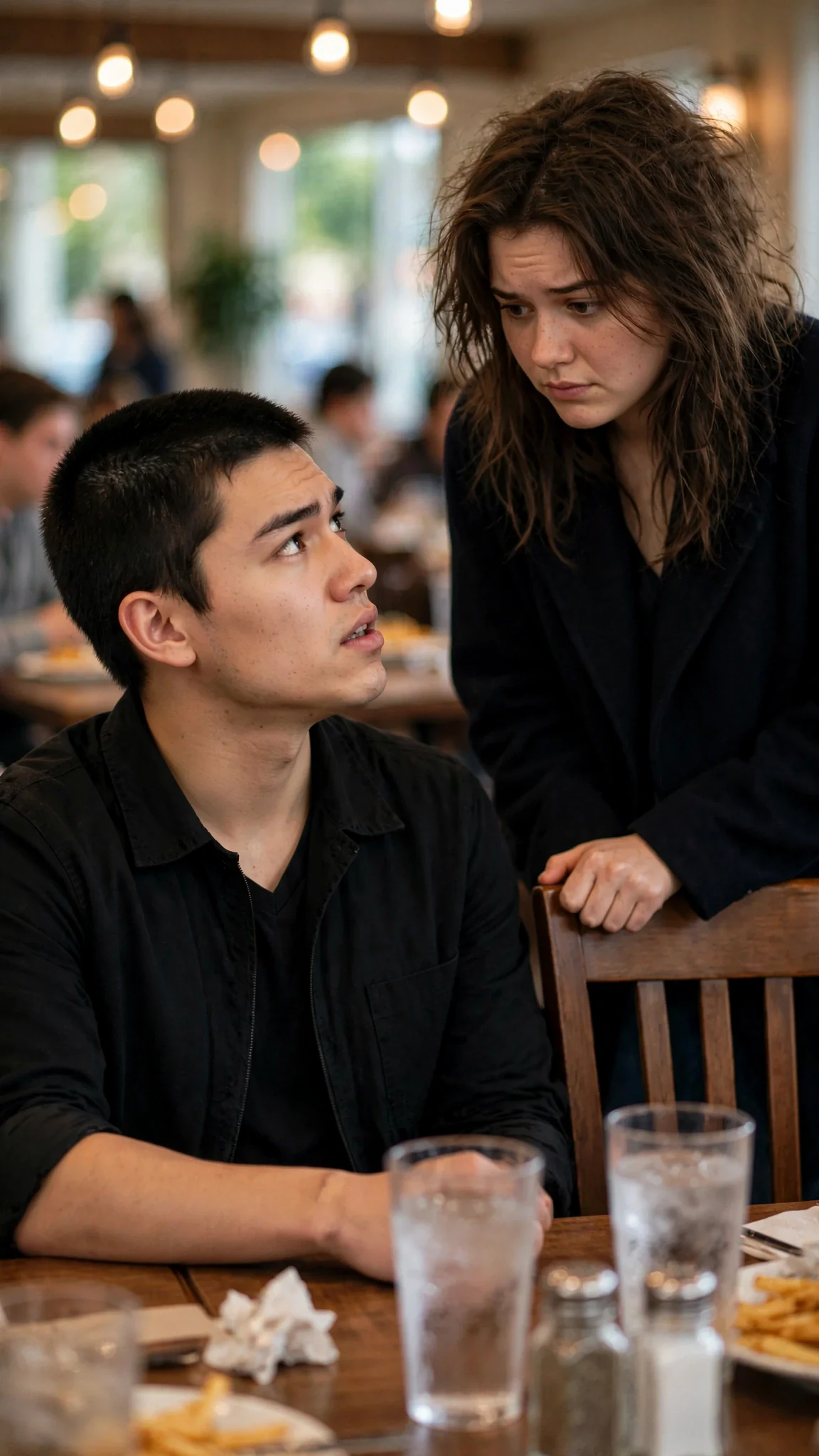 The dark-haired man speaks low across the table while the young woman grips the chair back.
