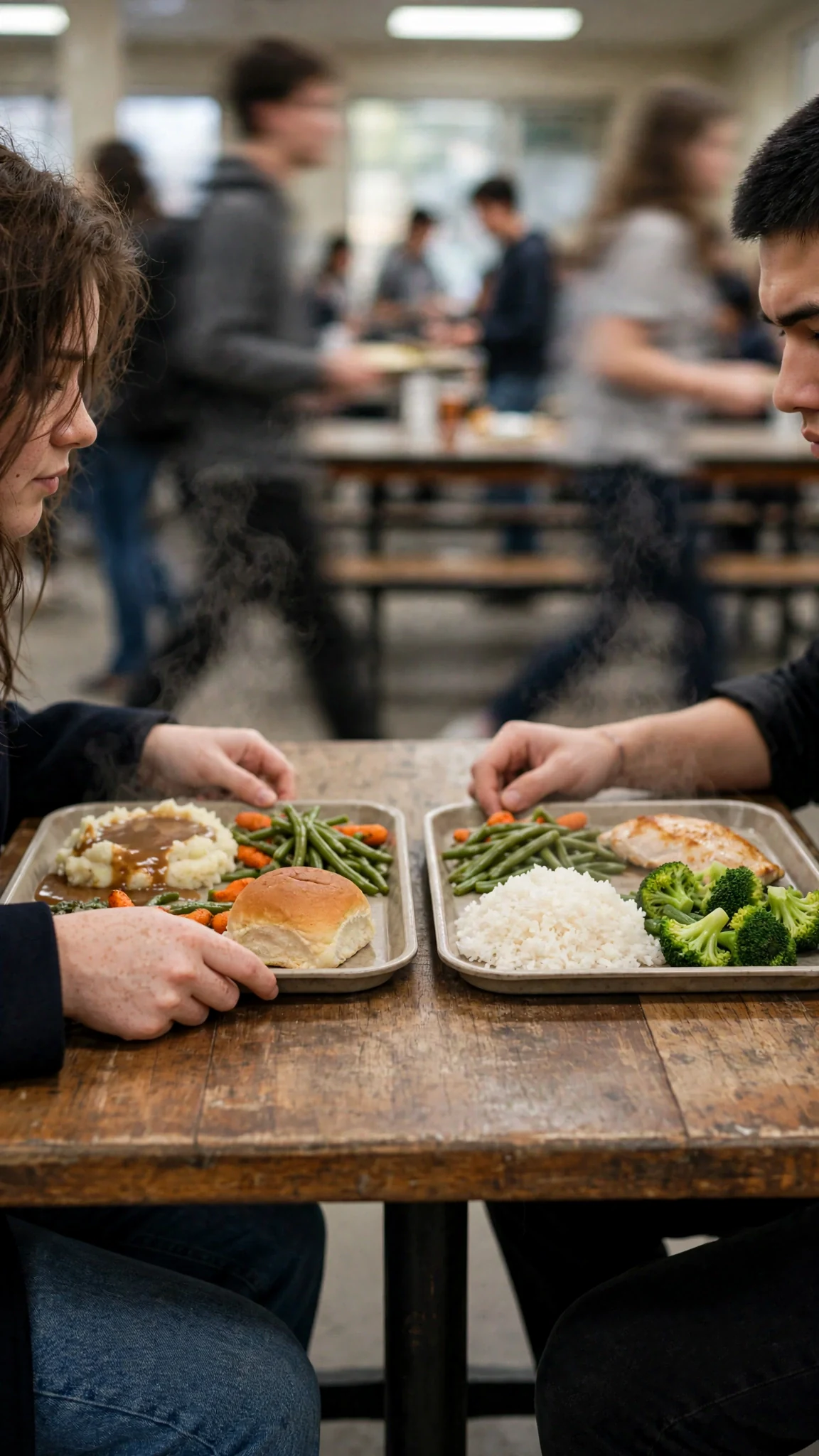 A tray of food is set down across from the lonely man, two hands still on it, the hall around them silent.